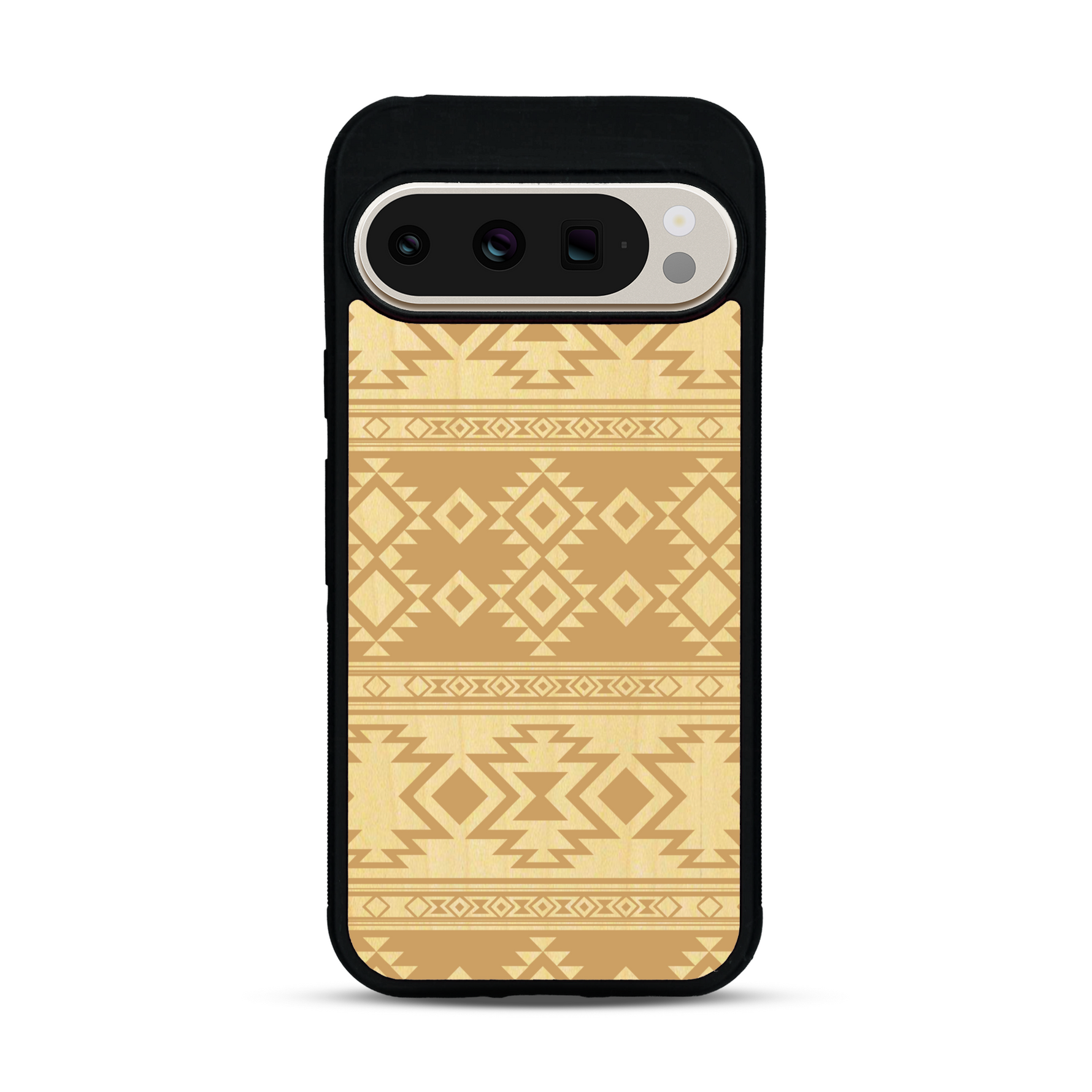 Coque de protection en bois véritable fabriquée en France pour  avec des motifs géométriques s'inspirant des temples aztèques, mayas et incas