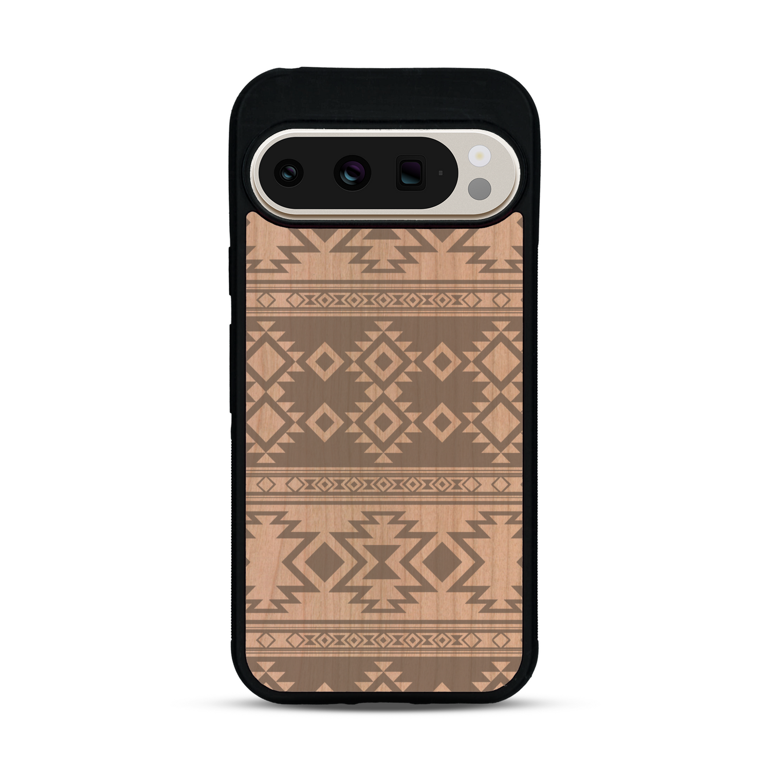 Coque de protection en bois véritable fabriquée en France pour  avec des motifs géométriques s'inspirant des temples aztèques, mayas et incas