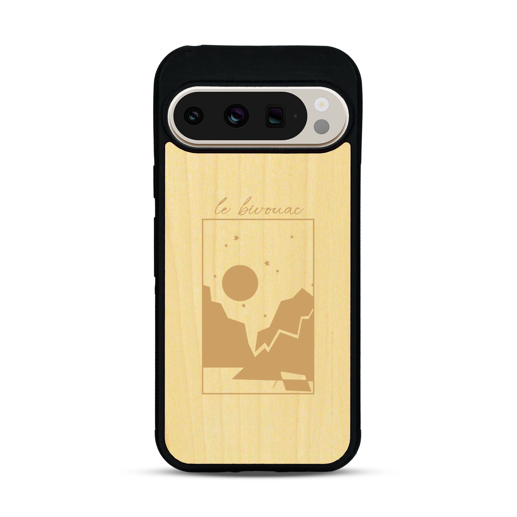 Coque de protection en bois véritable fabriquée en France pour  sur le thème du camping en pleine nature et du bivouac avec la phrase "Aventure is out there"