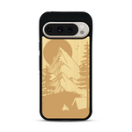 Coque de protection en bois véritable fabriquée en France pour  sur le thème du camping en pleine nature représentant une tente avec un feu de camp entouré de montagnes