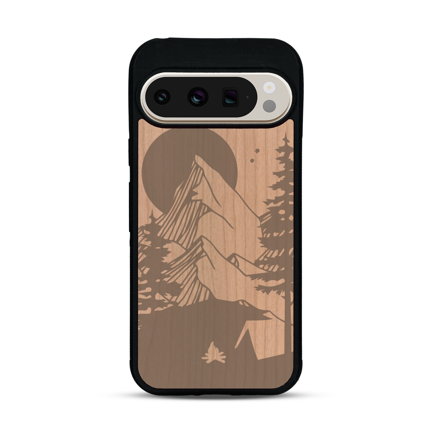 Coque de protection en bois véritable fabriquée en France pour  sur le thème du camping en pleine nature représentant une tente avec un feu de camp entouré de montagnes