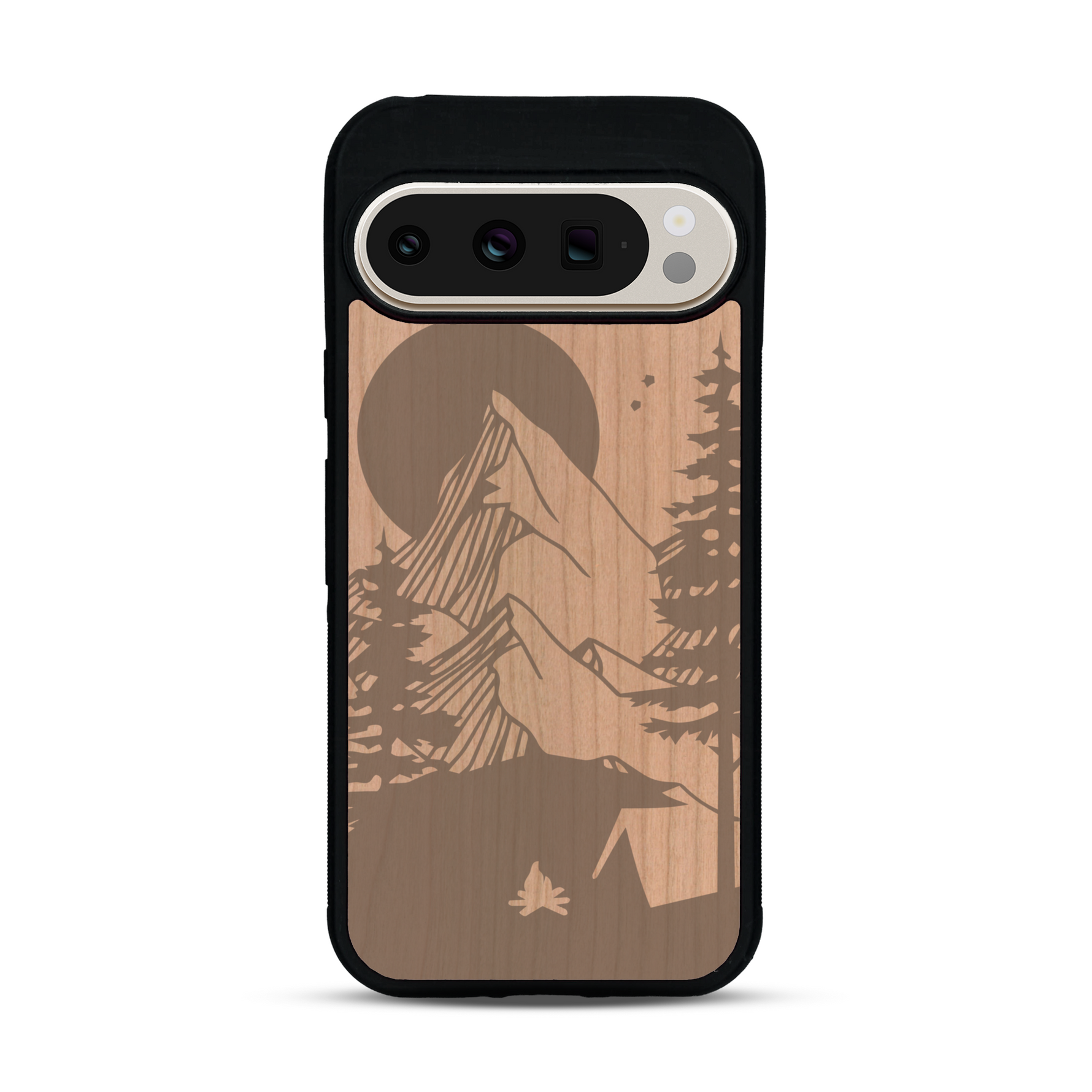 Coque de protection en bois véritable fabriquée en France pour  sur le thème du camping en pleine nature représentant une tente avec un feu de camp entouré de montagnes