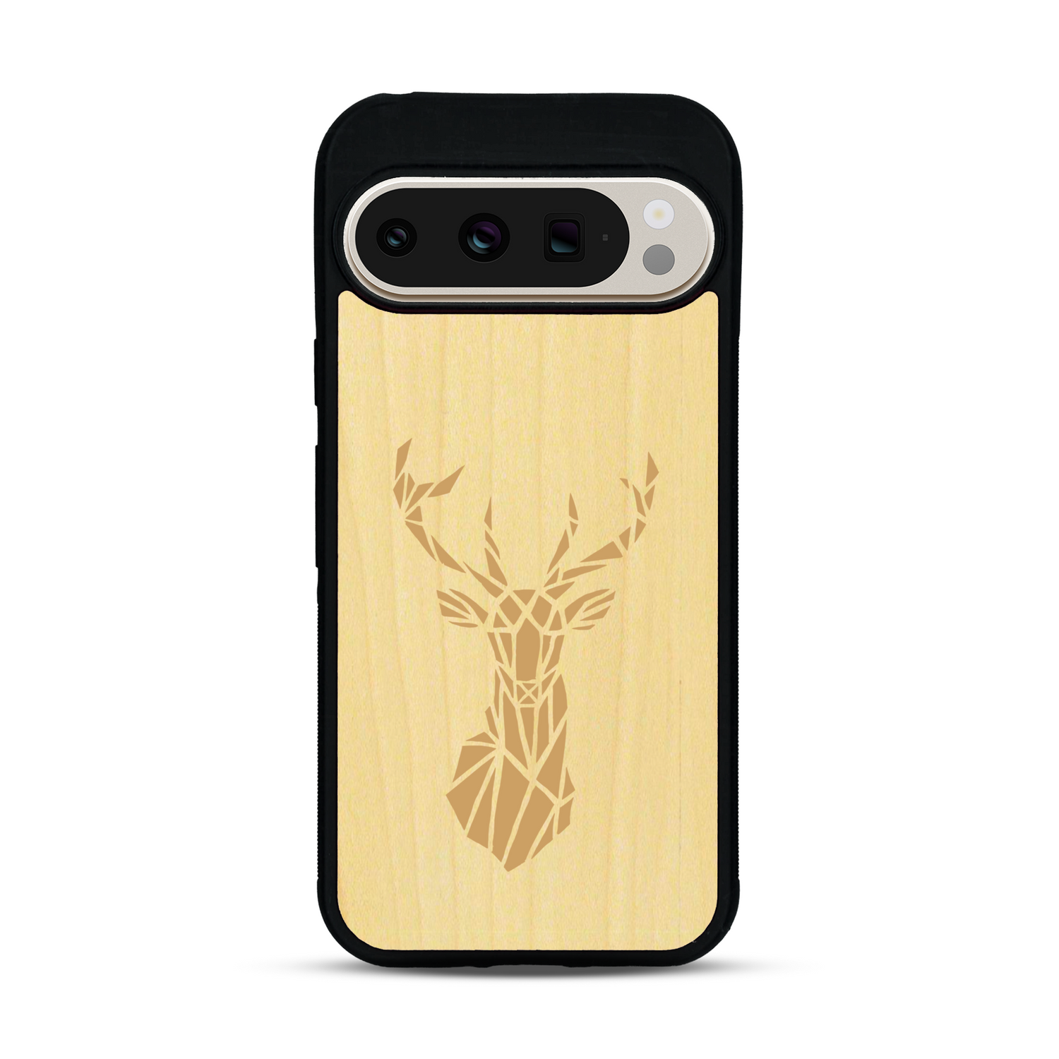 Coque de protection en bois véritable fabriquée en France pour  sur le thème de la nature et des animaux représentant une tête de cerf gométrique avec un design moderne et minimaliste