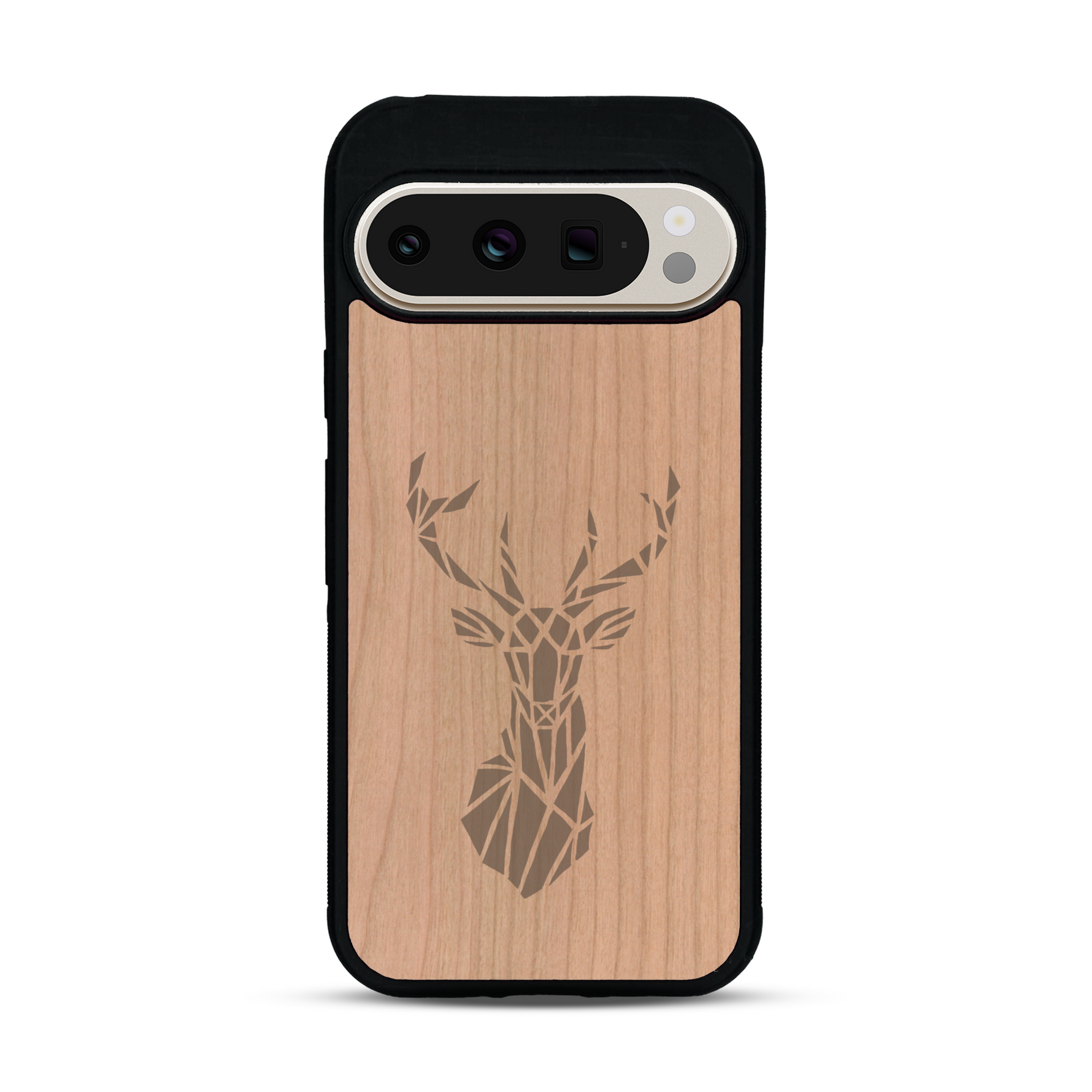 Coque de protection en bois véritable fabriquée en France pour  sur le thème de la nature et des animaux représentant une tête de cerf gométrique avec un design moderne et minimaliste