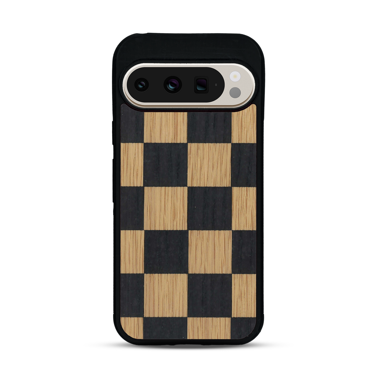 Coque de protection en bois véritable fabriquée en France pour  alliant plusieurs essences de bois pour représenter un damier