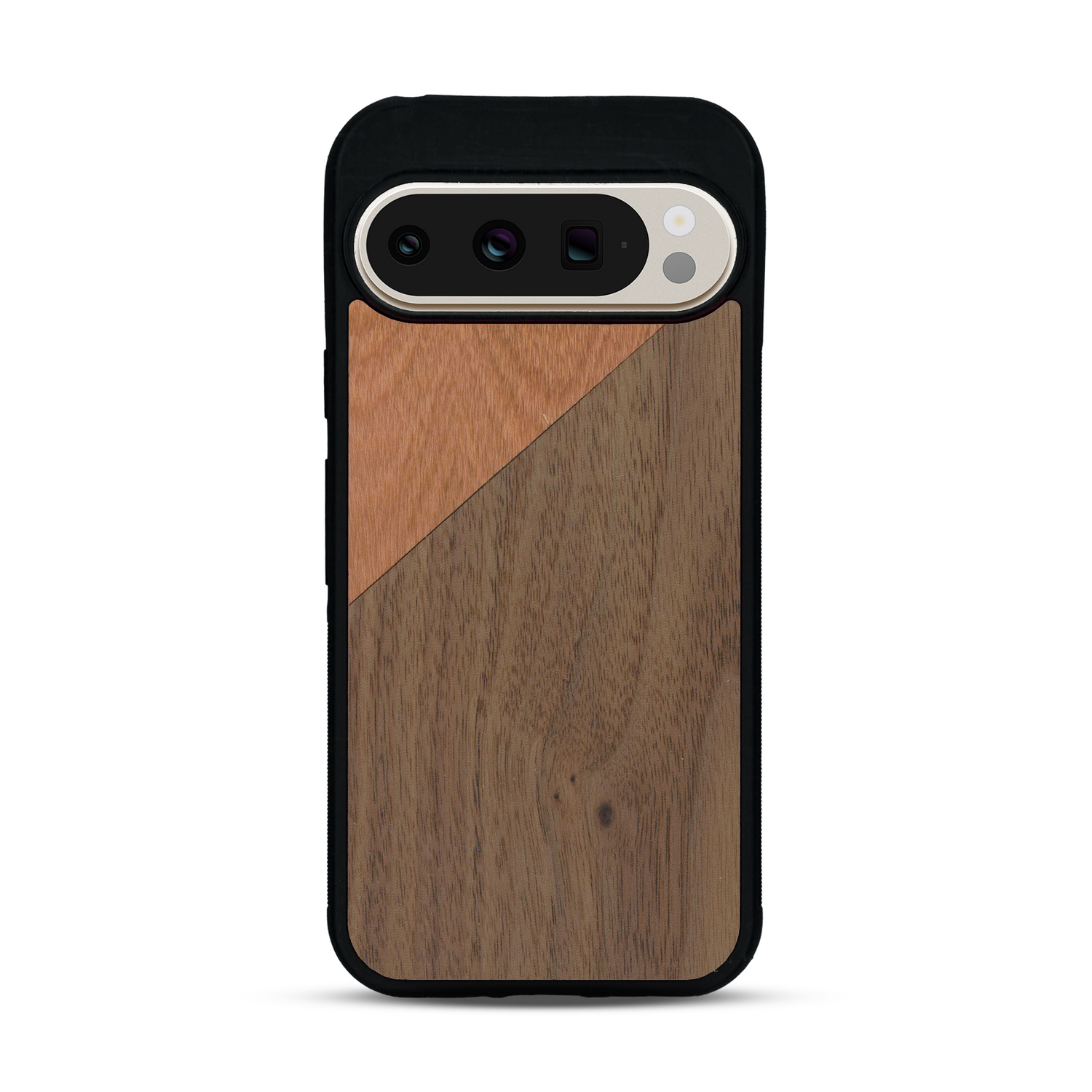Coque de protection en bois véritable fabriquée en France pour  alliant du merisier et du noyer formant chacun un triangle avec une jointure en diagonale sur le thème de l'art abstrait