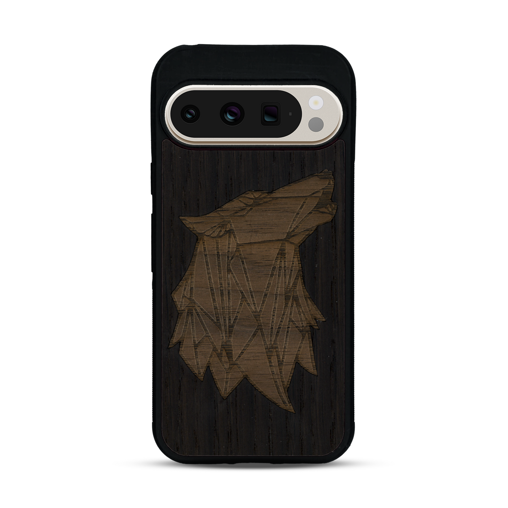 Coque de protection en bois véritable fabriquée en France pour  alliant du chêne fumé et du noyer représentant une tête de loup géométrique de profil sur le thème des animaux et de la nature