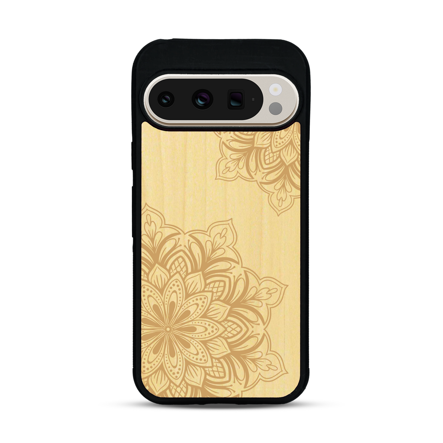 Coque de protection en bois véritable fabriquée en France pour  sur le thème de la bohème et du tatouage au henné avec une gravure représentant un mandala