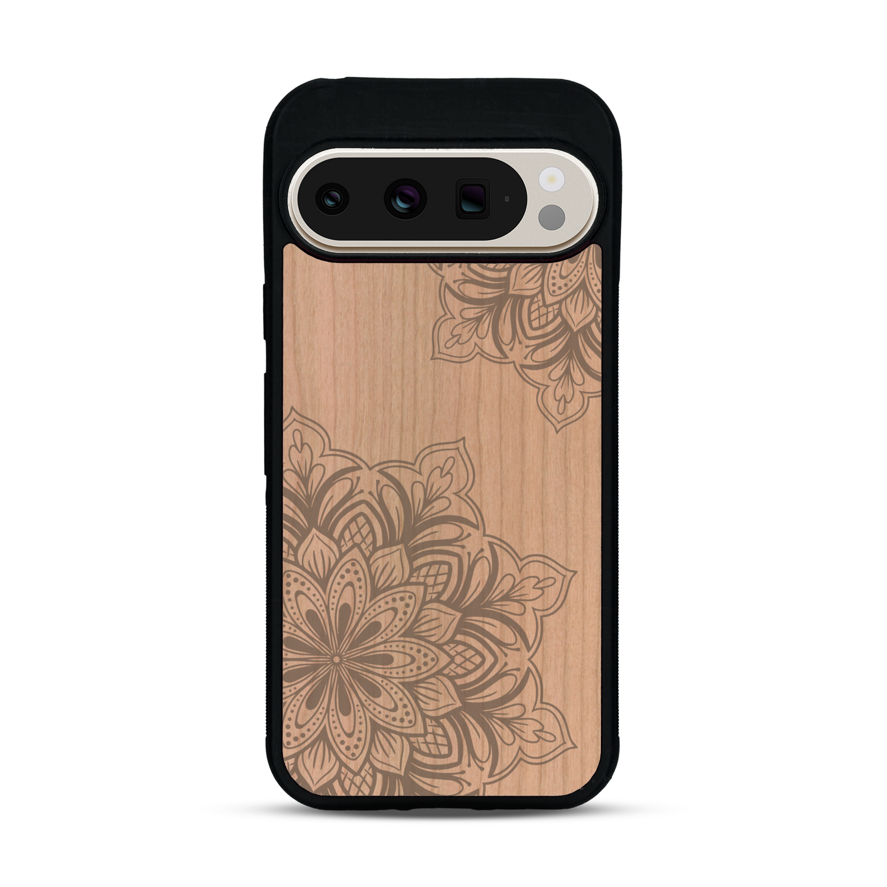 Coque de protection en bois véritable fabriquée en France pour  sur le thème de la bohème et du tatouage au henné avec une gravure représentant un mandala