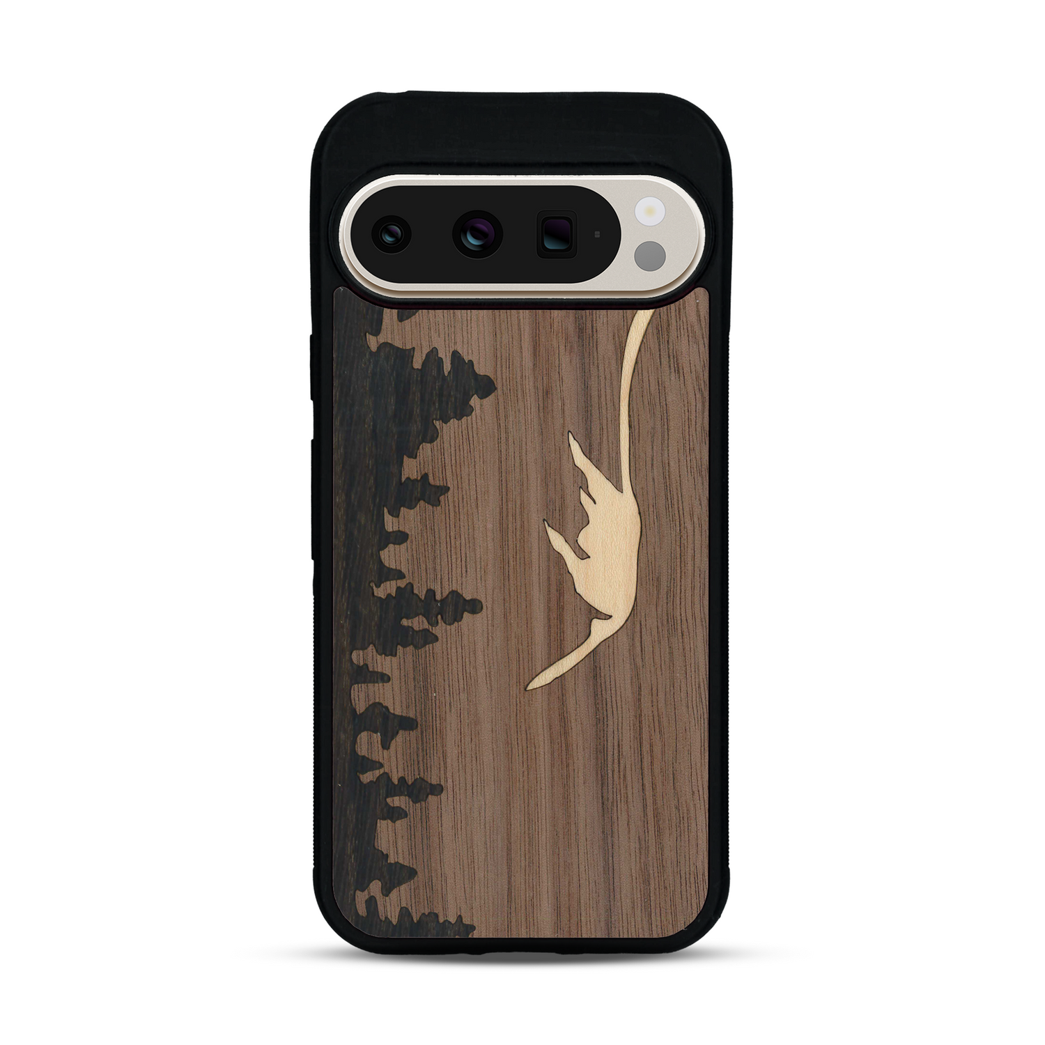 Coque de protection en bois véritable fabriquée en France pour  sur le thème de la nature et de la montagne qui allie du chêne fumé, du noyer et du bambou représentant le mont mézenc