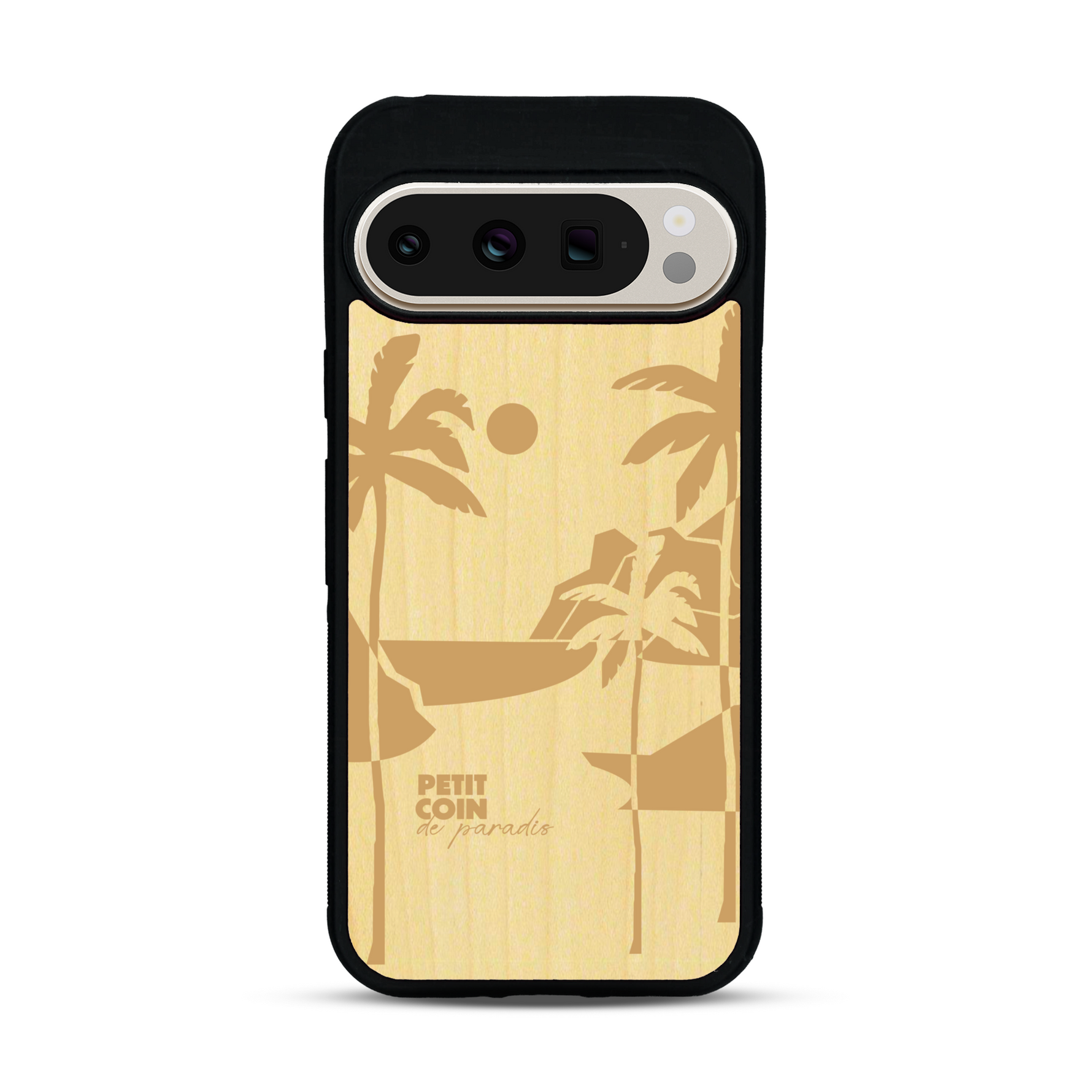 Coque de protection en bois véritable fabriquée en France pour  sur le thème des voyages en vans, vanlife et chill avec une gravure représentant un van vw combi devant le soleil couchant sur une plage avec des vagues