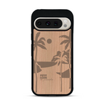 Coque de protection en bois véritable fabriquée en France pour  sur le thème des voyages en vans, vanlife et chill avec une gravure représentant un van vw combi devant le soleil couchant sur une plage avec des vagues