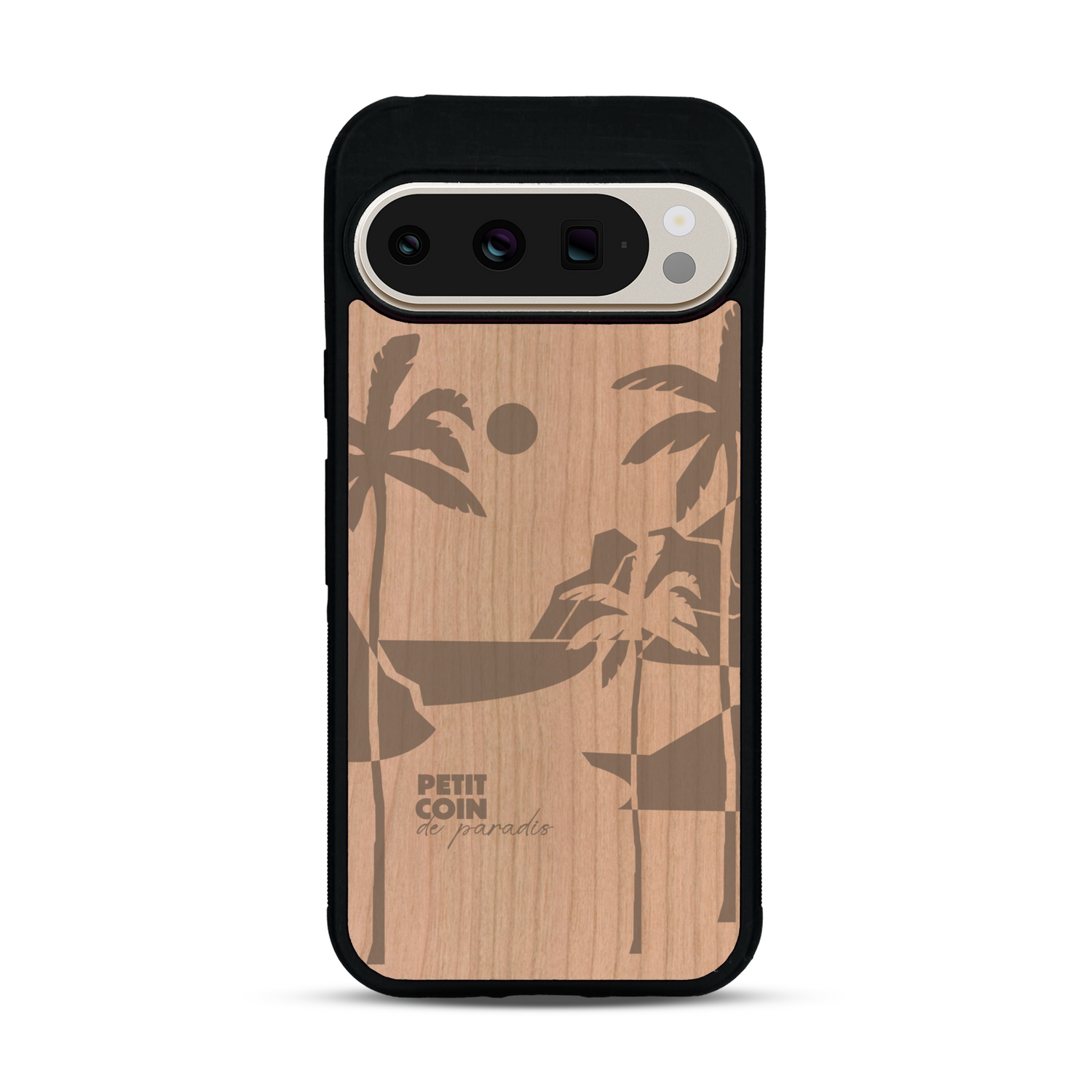 Coque de protection en bois véritable fabriquée en France pour  sur le thème des voyages en vans, vanlife et chill avec une gravure représentant un van vw combi devant le soleil couchant sur une plage avec des vagues