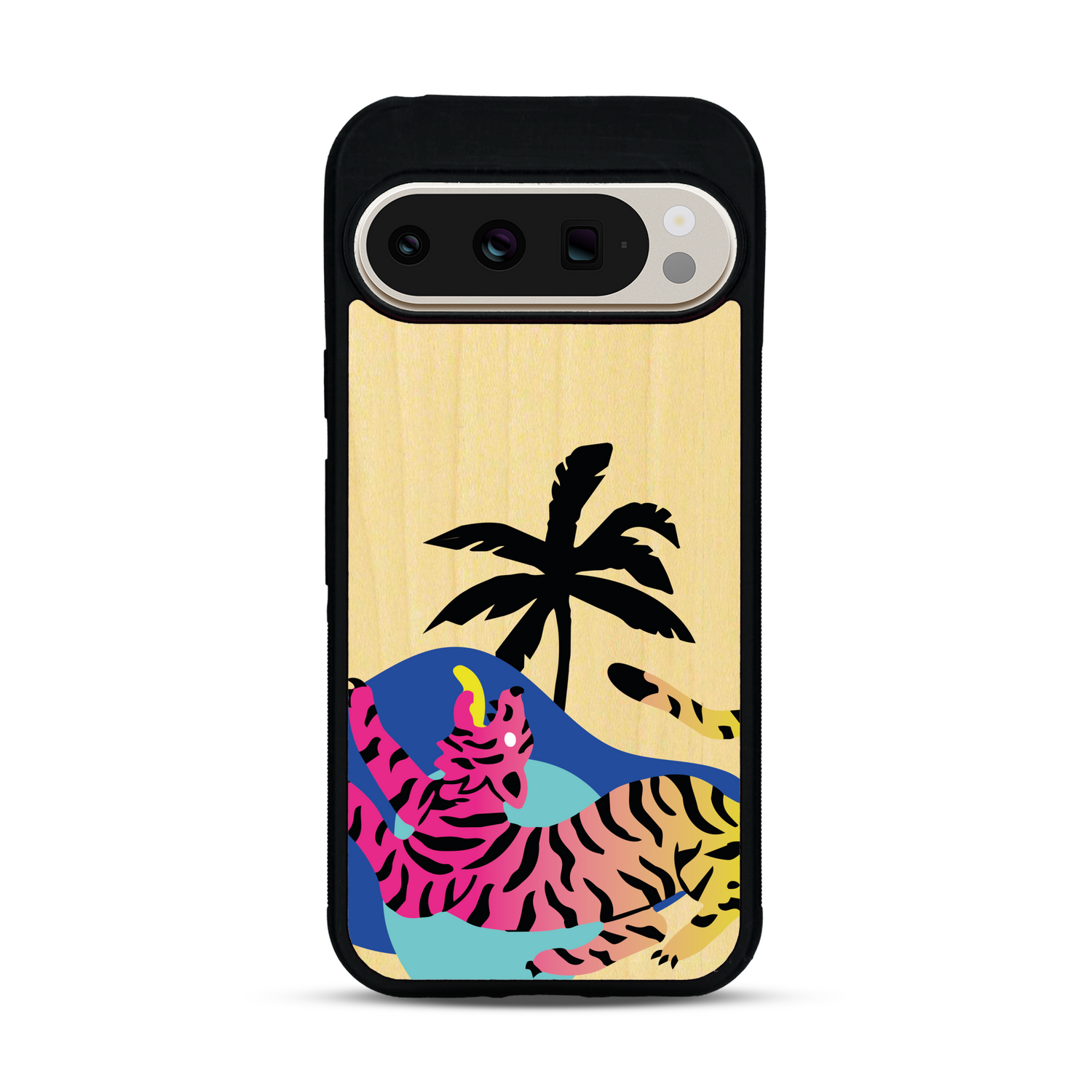Coque de protection en bois véritable fabriquée en France pour Google Pixel 9 Pro représentant un tigre coloré avec un design moderne et minimaliste sur le thème de la jungle et de la nature