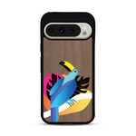 Coque de protection en bois véritable fabriquée en France pour Google Pixel 9 Pro représentant un toucan coloré avec un design moderne et minimaliste sur le thème de la jungle et de la nature