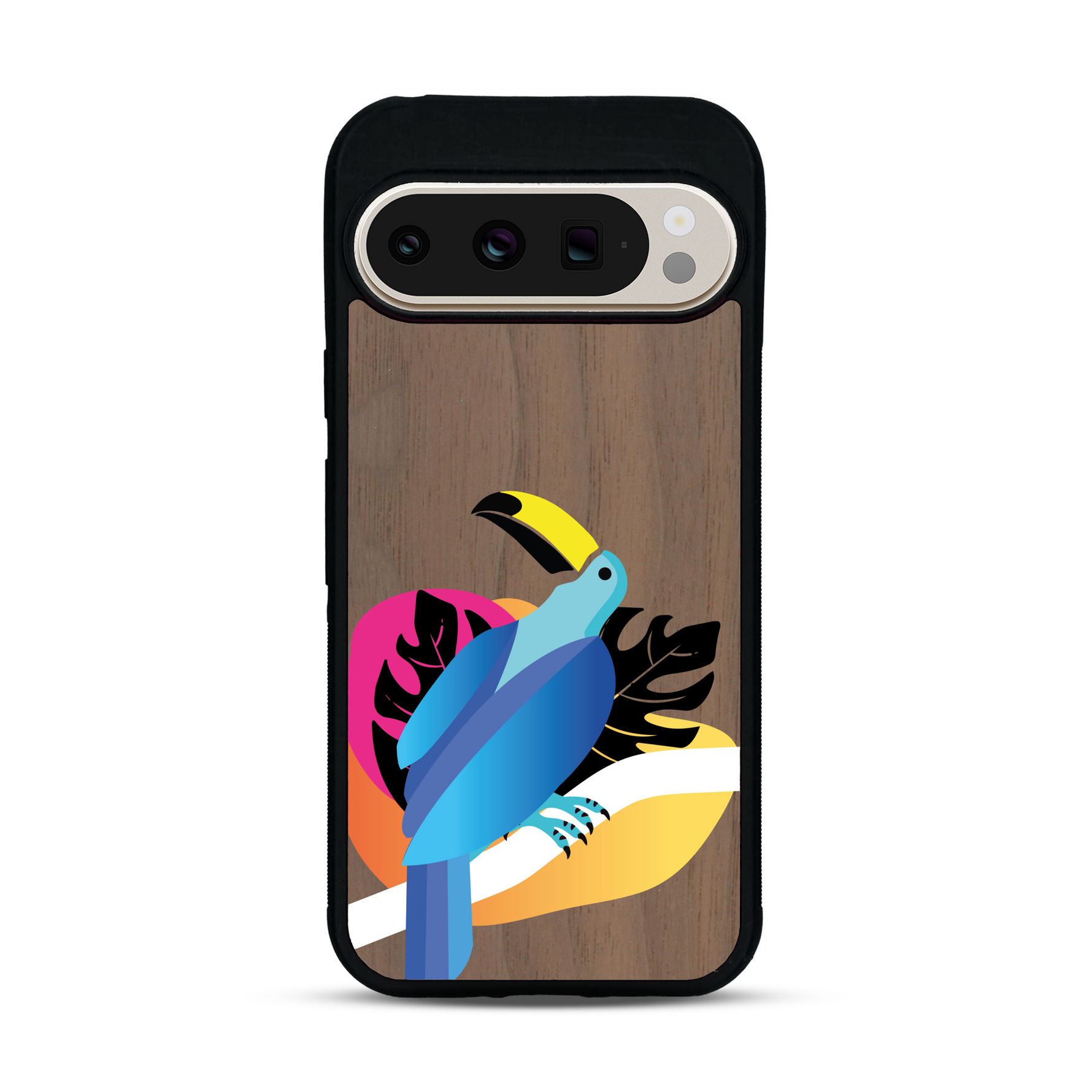 Coque de protection en bois véritable fabriquée en France pour Google Pixel 9 Pro représentant un toucan coloré avec un design moderne et minimaliste sur le thème de la jungle et de la nature