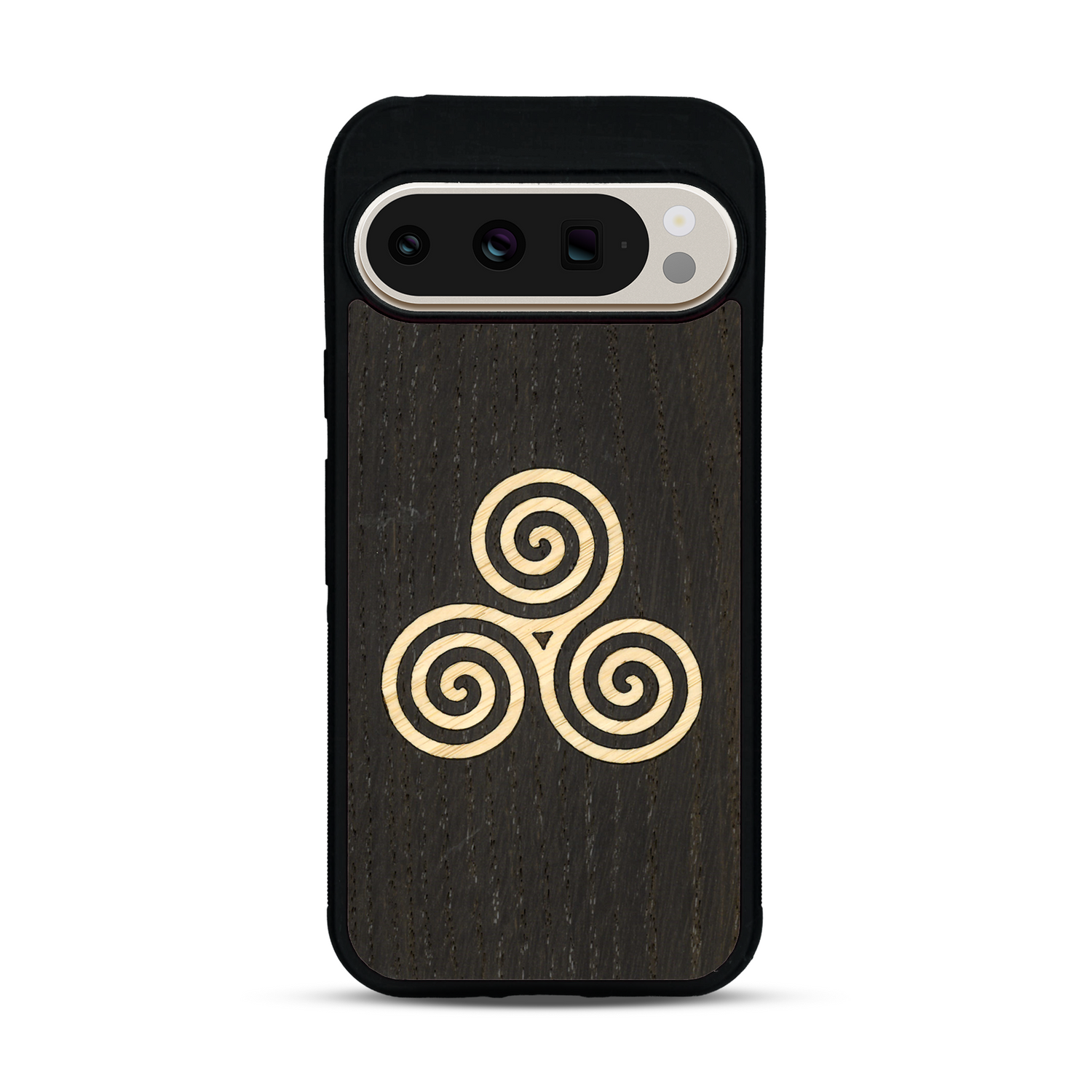 Coque de protection en bois véritable fabriquée en France pour  alliant du chêne fumé et du bambou et doré représentant un triskell