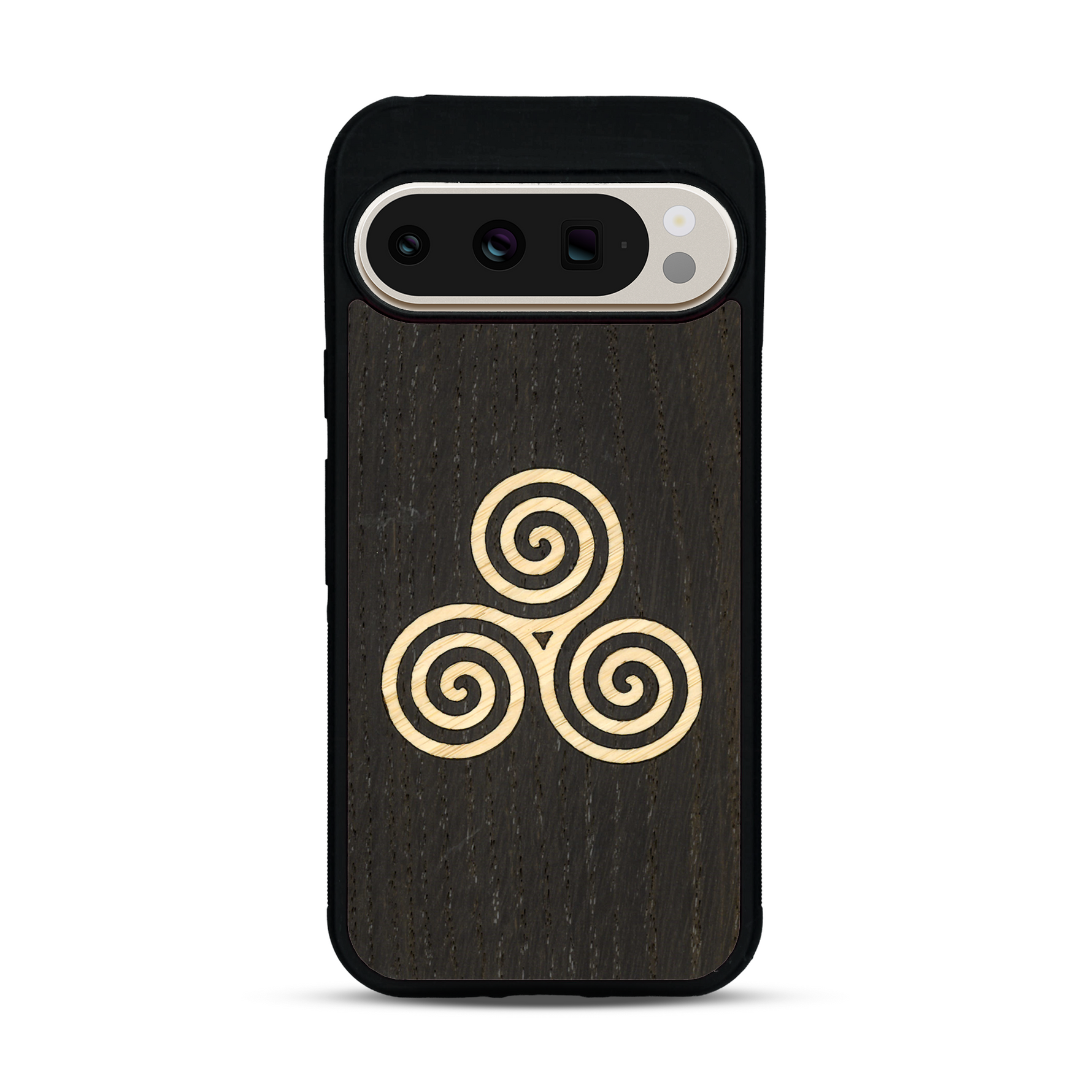 Coque de protection en bois véritable fabriquée en France pour  alliant du chêne fumé et du bambou et doré représentant un triskell