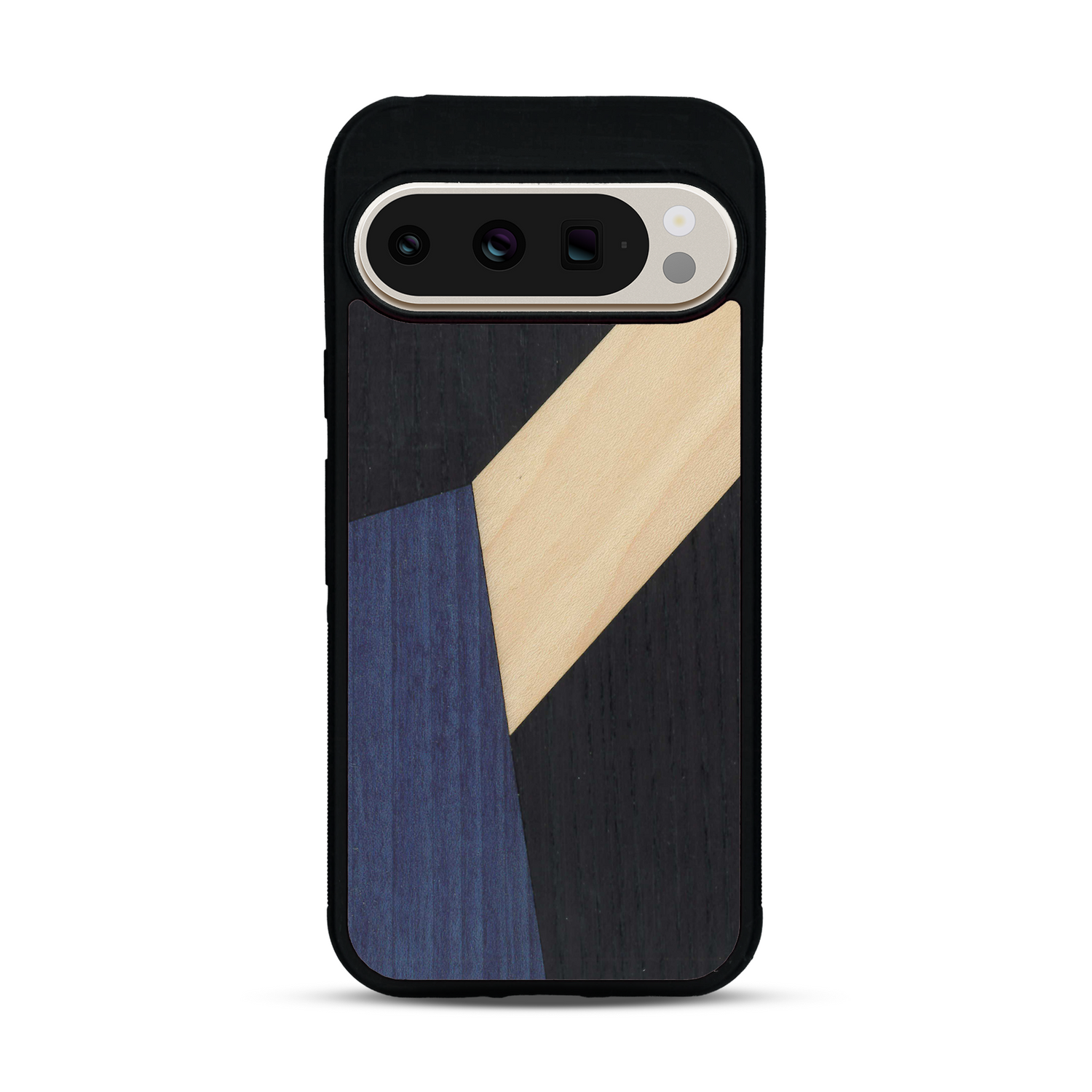 Coque de protection en bois véritable fabriquée en France pour  alliant du bambou, du tulipier bleu et noir en forme de mosaïque minimaliste sur le thème de l'art abstrait