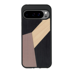 Coque de protection en bois véritable fabriquée en France pour Google Pixel 9 Pro alliant du bambou, du tulipier mauve et noir en forme de mosaïque minimaliste sur le thème de l'art abstrait