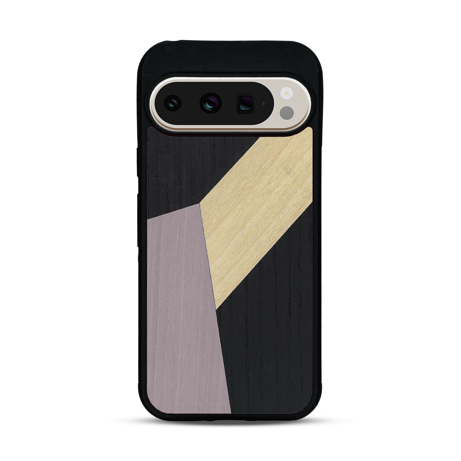 Coque de protection en bois véritable fabriquée en France pour  alliant du bambou, du tulipier mauve et noir en forme de mosaïque minimaliste sur le thème de l'art abstrait