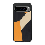 Coque de protection en bois véritable fabriquée en France pour Google Pixel 9 Pro alliant du bambou, du tulipier orange et noir en forme de mosaïque minimaliste sur le thème de l'art abstrait