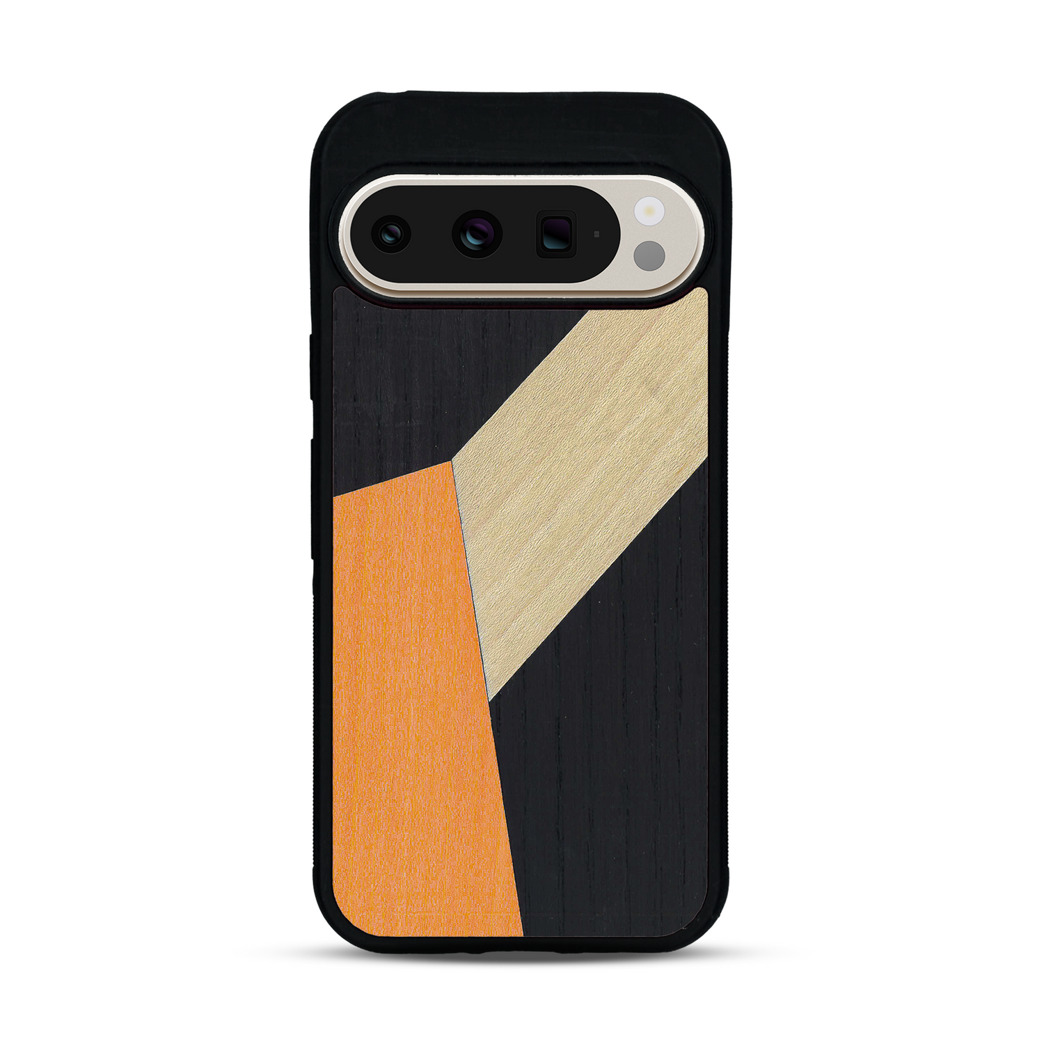 Coque de protection en bois véritable fabriquée en France pour  alliant du bambou, du tulipier orange et noir en forme de mosaïque minimaliste sur le thème de l'art abstrait