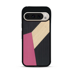 Coque de protection en bois véritable fabriquée en France pour  alliant du bambou, du tulipier rose et noir en forme de mosaïque minimaliste sur le thème de l'art abstrait