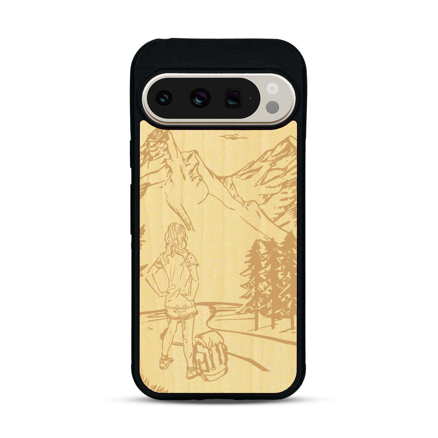 Coque de protection en bois véritable fabriquée en France pour  sur le thème de la randonnée en montagne et de l'aventure avec une gravure représentant une femme de dos face à un paysage de nature