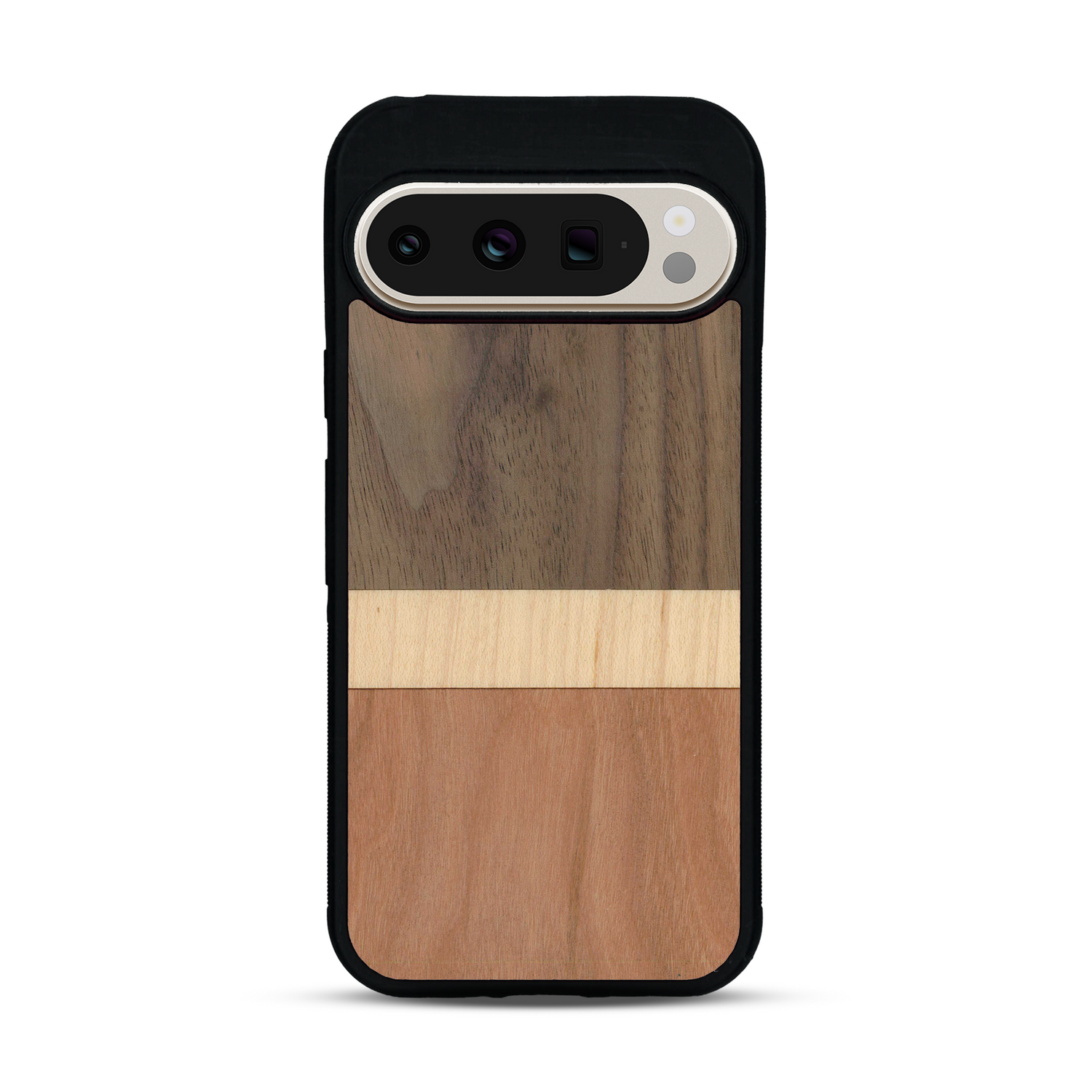 Coque de protection en bois véritable fabriquée en France pour  alliant des bandes horizontales de bambou, merisier et noyer
