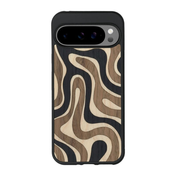 Coque de protection en bois véritable fabriquée en France pour Google Pixel 9 Pro alliant plusieurs essences de bois pour représenter une ondulation