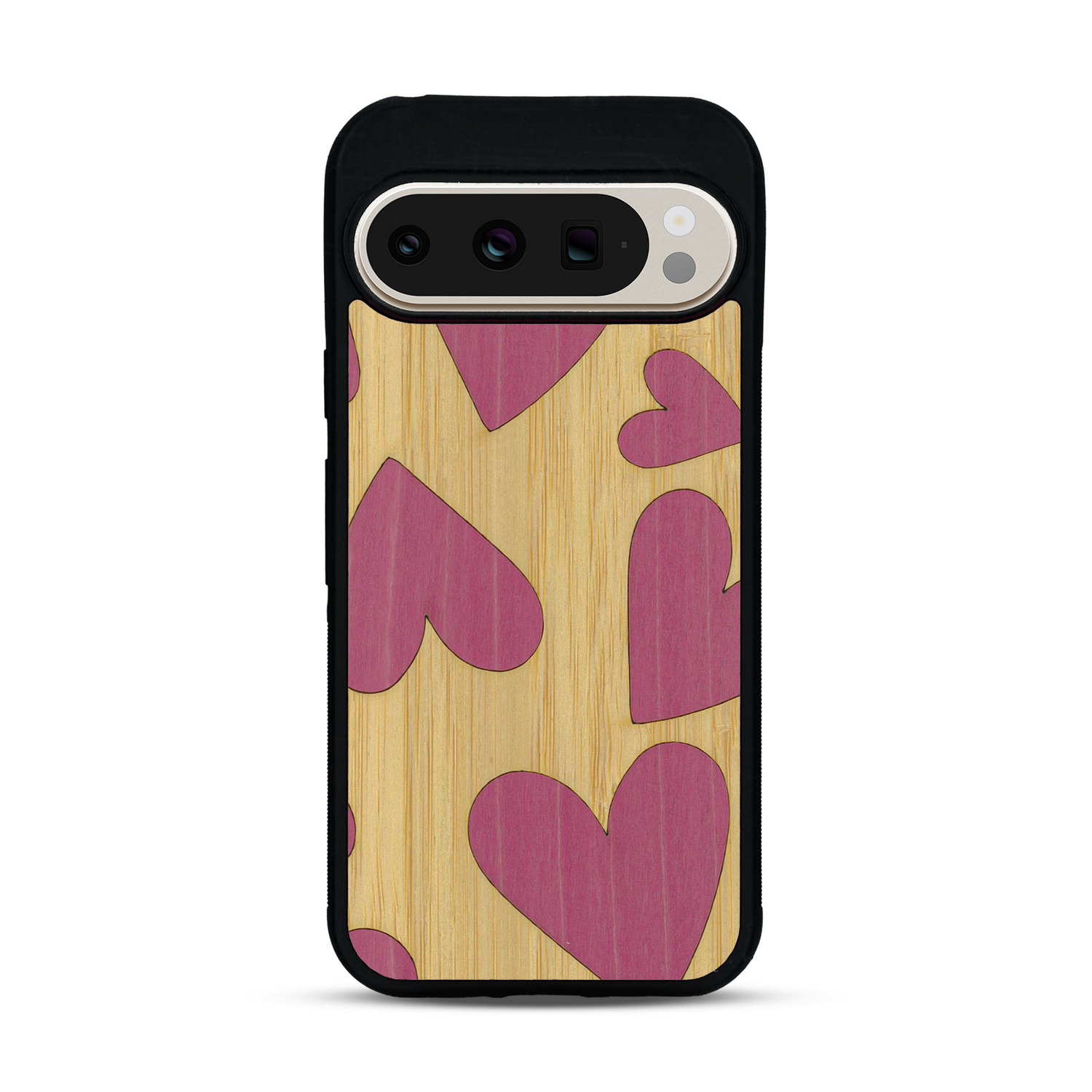 Coque de protection en bois véritable fabriquée en France pour  alliant plusieurs essences de bois pour représenter des coeurs pour les amoureux