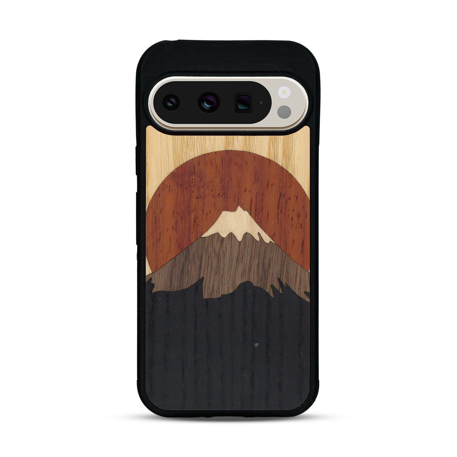 Coque de protection en bois véritable fabriquée en France pour  alliant plusieurs essences de bois pour représenter le mont Fuji