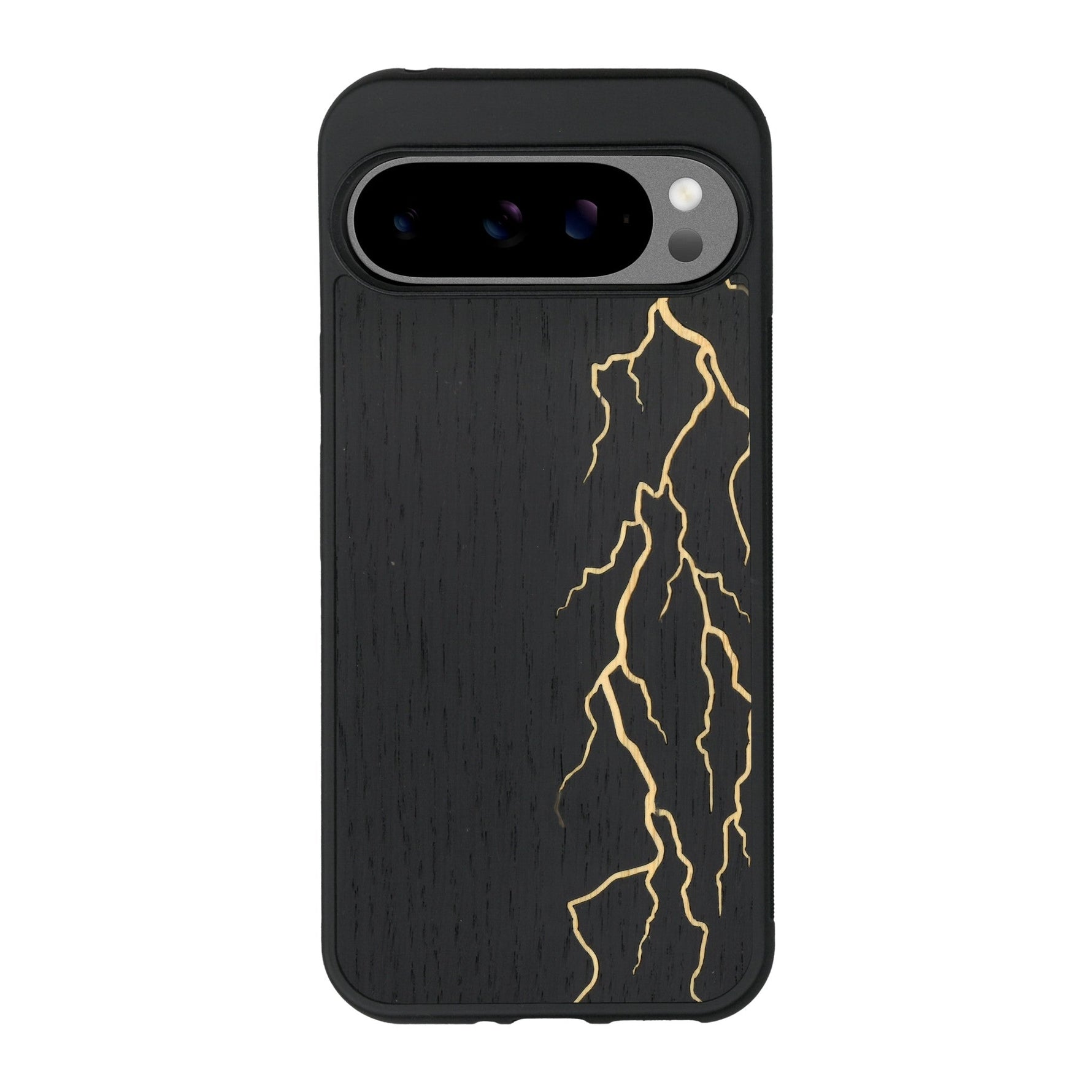 Coque de protection en bois véritable fabriquée en France pour Google Pixel 9 Pro alliant plusieurs essences de bois pour représenter un éclair divin