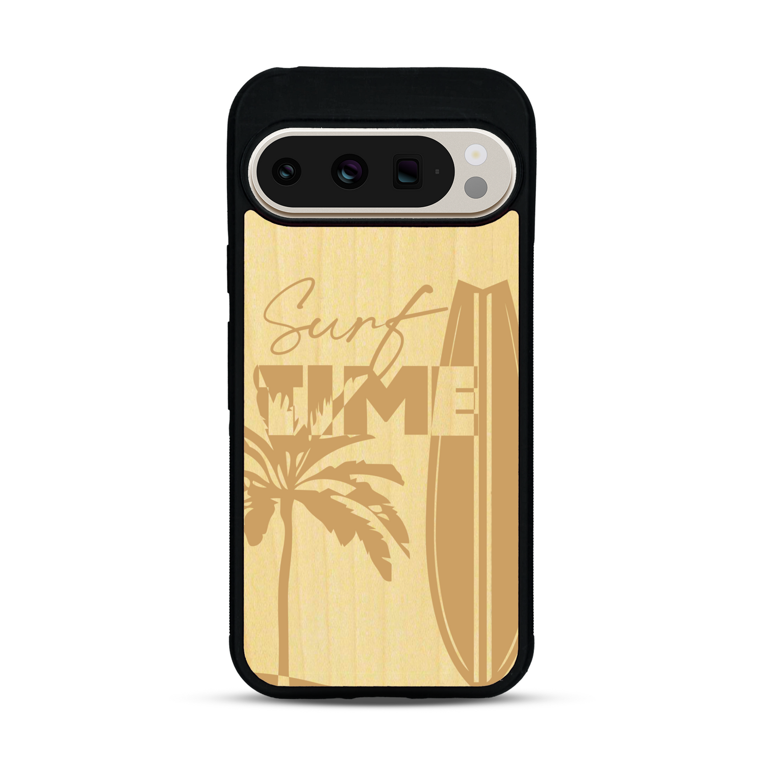 Coque de protection en bois véritable fabriquée en France pour  sur le thème chill avec un motif représentant une silouhette tenant une planche de surf sur une plage entouré de palmiers et les mots "Surf Time Long Beach Miami"