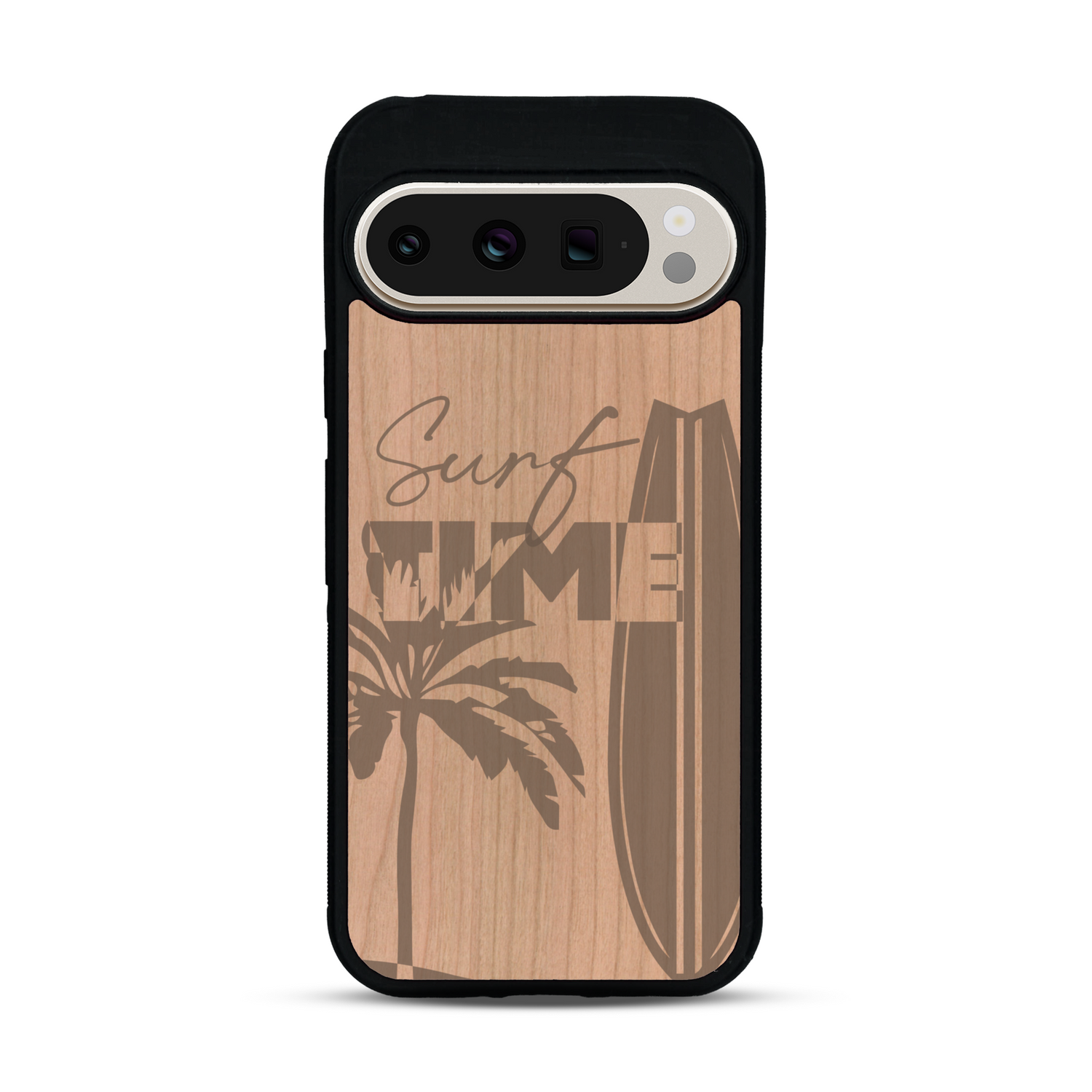 Coque de protection en bois véritable fabriquée en France pour  sur le thème chill avec un motif représentant une silouhette tenant une planche de surf sur une plage entouré de palmiers et les mots "Surf Time Long Beach Miami"