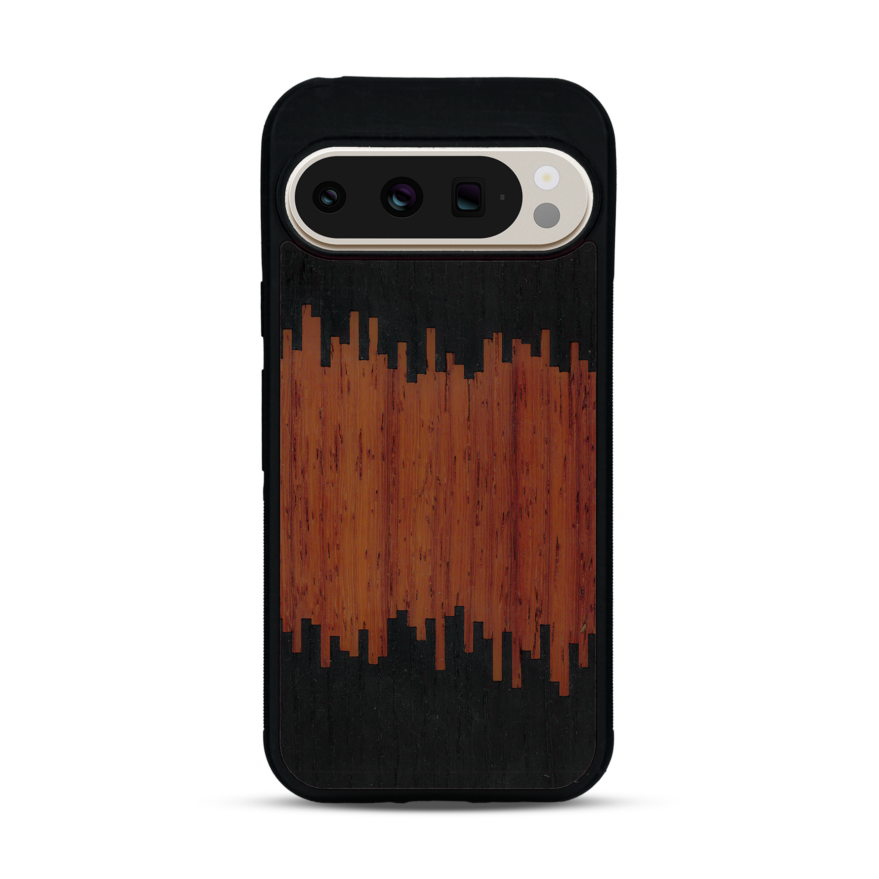 Coque de protection en bois véritable fabriquée en France pour  alliant plusieurs essences de bois pour représenter du magma en fusion