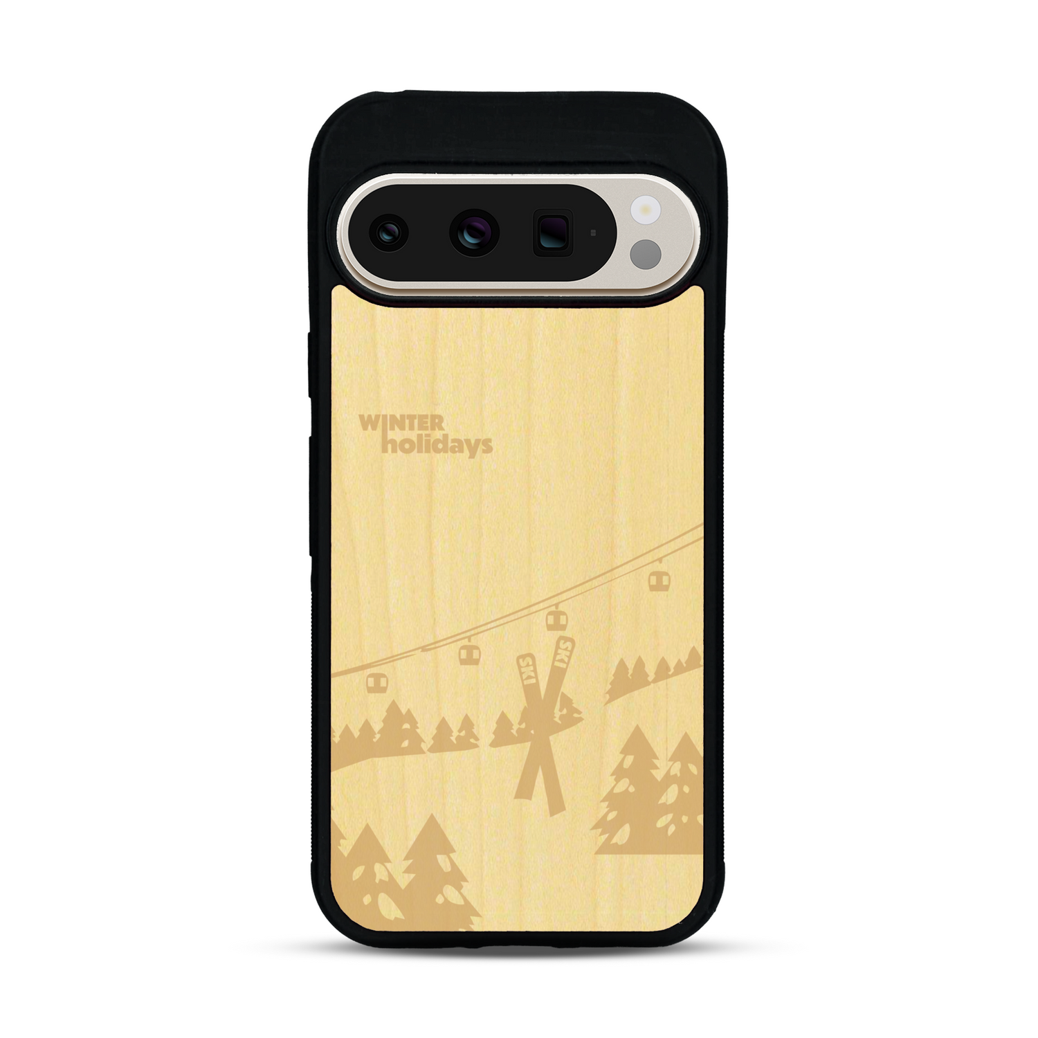 Coque de protection en bois véritable fabriquée en France pour  sur le thème de la montagne, du ski et de la neige avec un motif représentant une paire de ski plantée dans la neige avec en fond des montagnes enneigées