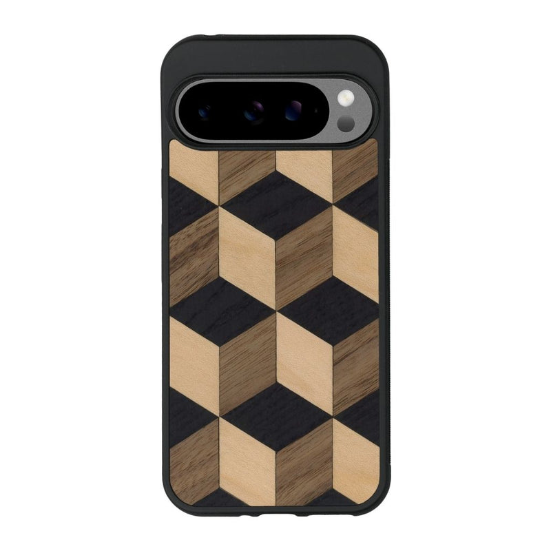Coque de protection en bois véritable fabriquée en France pour Google Pixel 9 Pro XL alliant plusieurs essences de bois pour représenter un classique intemporel de la marqueterie