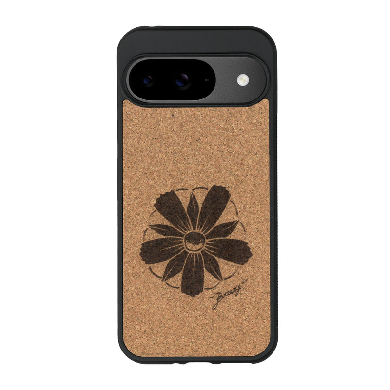 Coque de protection en bois véritable fabriquée en France pour Google Pixel 9 Pro XL sur le thème des fleurs et de la montagne avec un motif de gravure représentant les pétales d'une fleur des montagnes