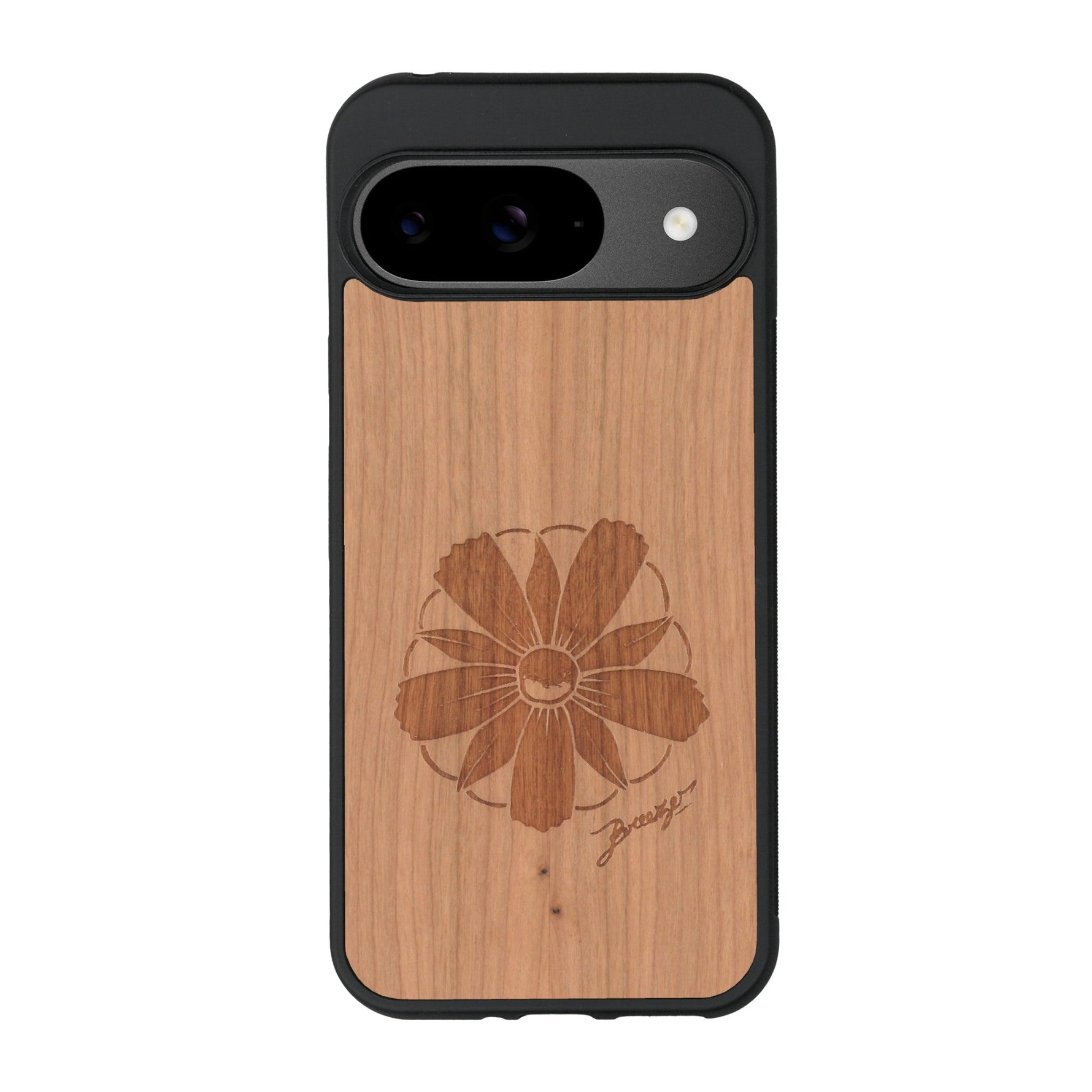 Coque de protection en bois véritable fabriquée en France pour Google Pixel 9 Pro XL sur le thème des fleurs et de la montagne avec un motif de gravure représentant les pétales d'une fleur des montagnes