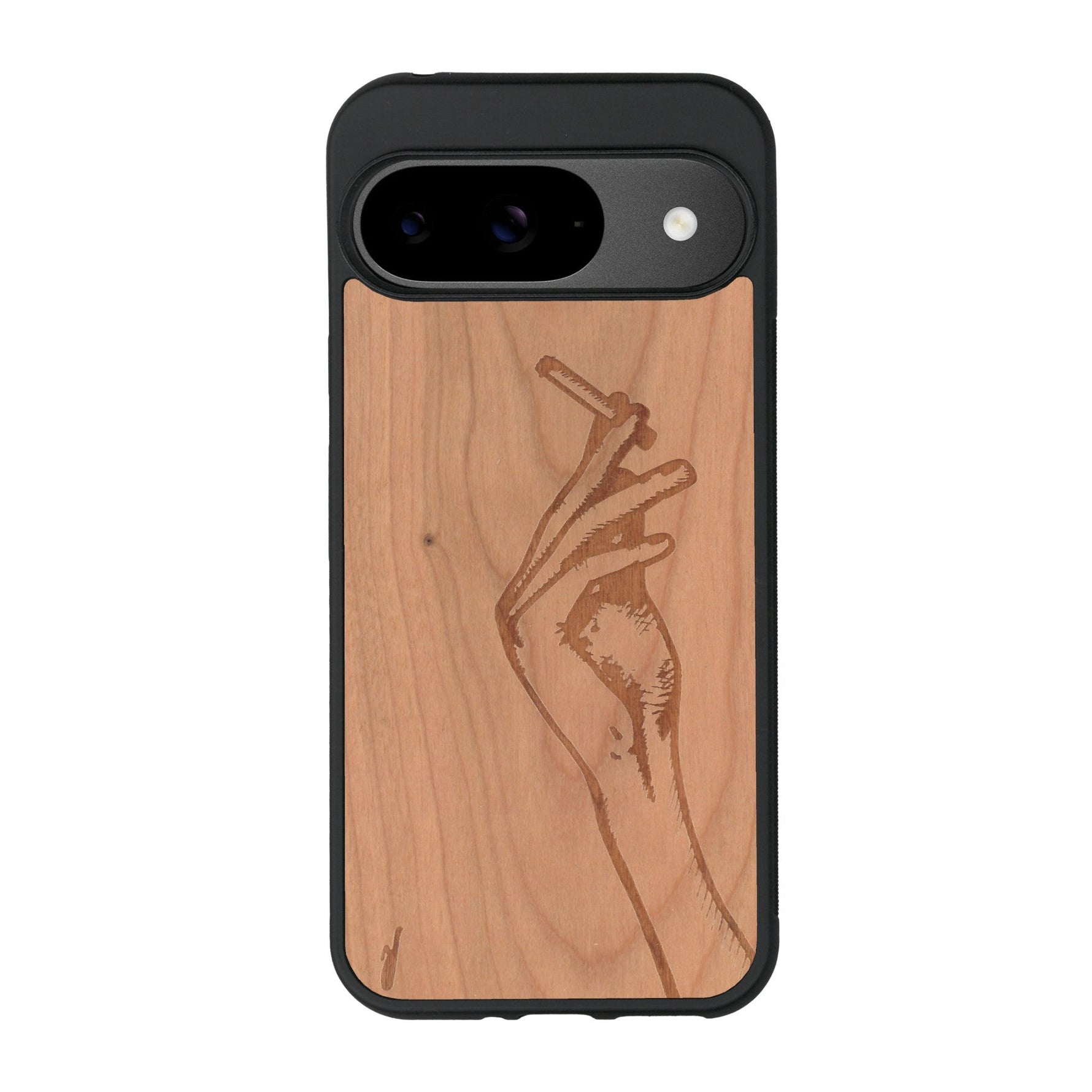 Coque de protection en bois véritable fabriquée en France pour Google Pixel 9 Pro XL représentant une main de femme tenant une cigarette de type line art en collaboration avec l'artiste Maud Dabs