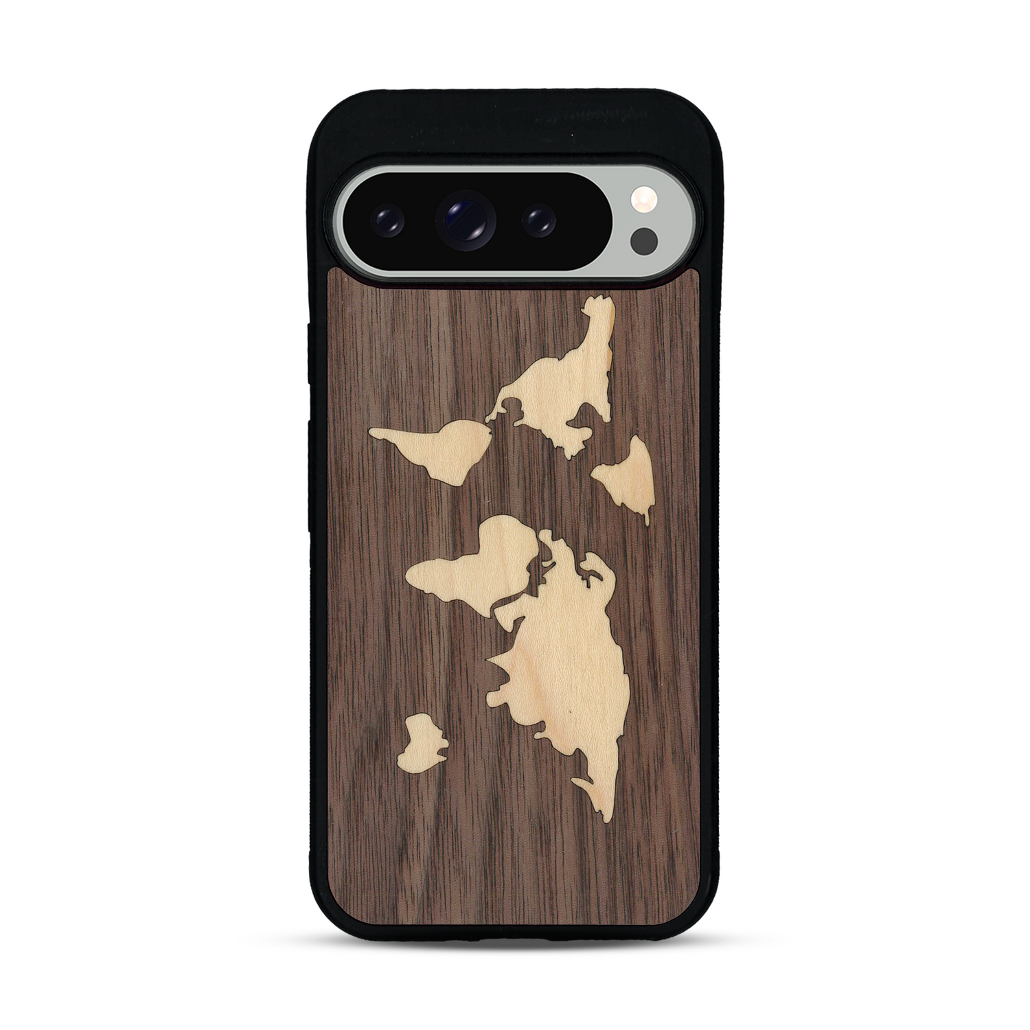 Coque de protection en bois véritable fabriquée en France pour  alliant du bambou et du noyer sur le thème du voyage et de l'aventure représentant une mappemonde