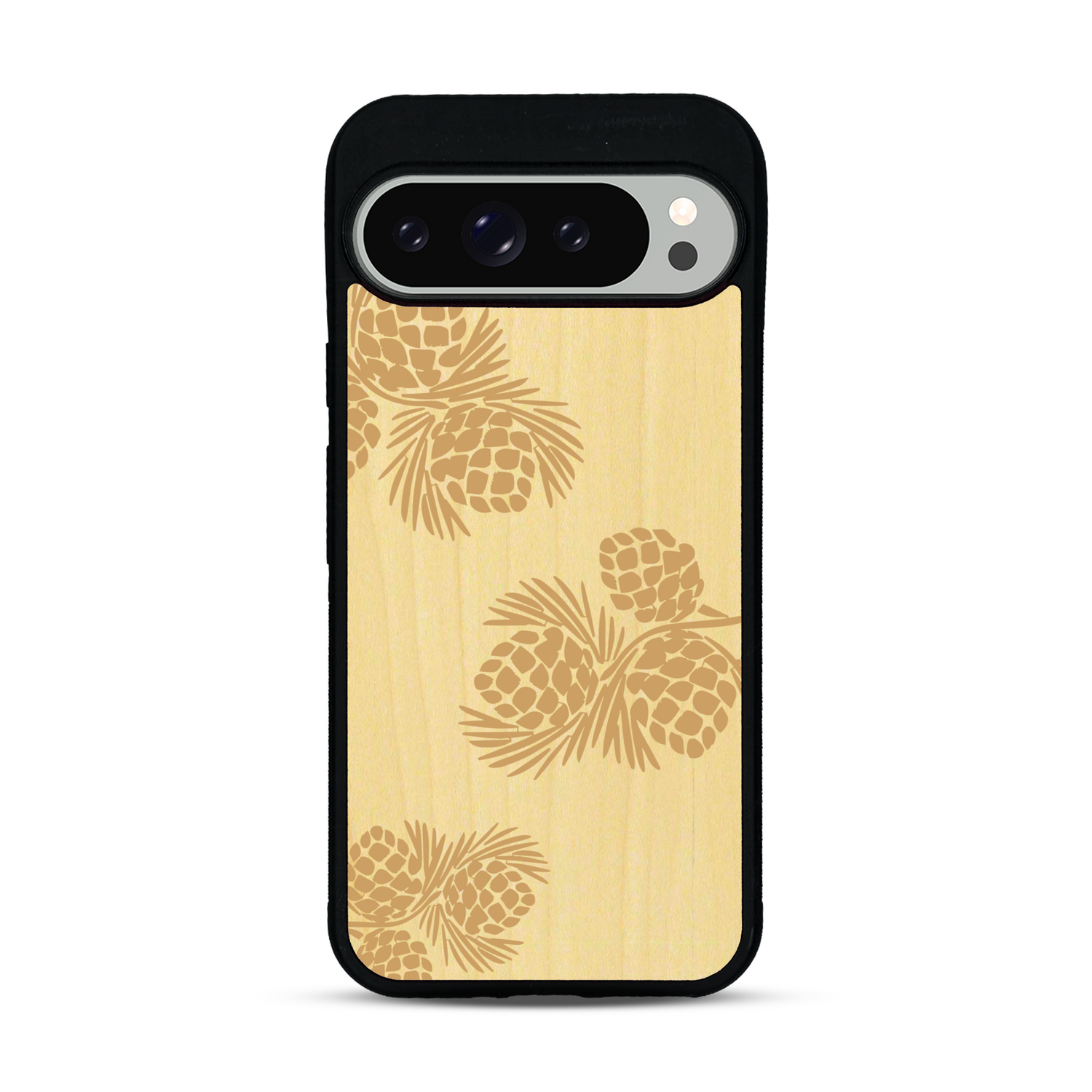 Coque de protection en bois véritable fabriquée en France pour  sur le thème de la nature des arbres avec un motif de gravure représentant des épines de sapin et des pommes de pin