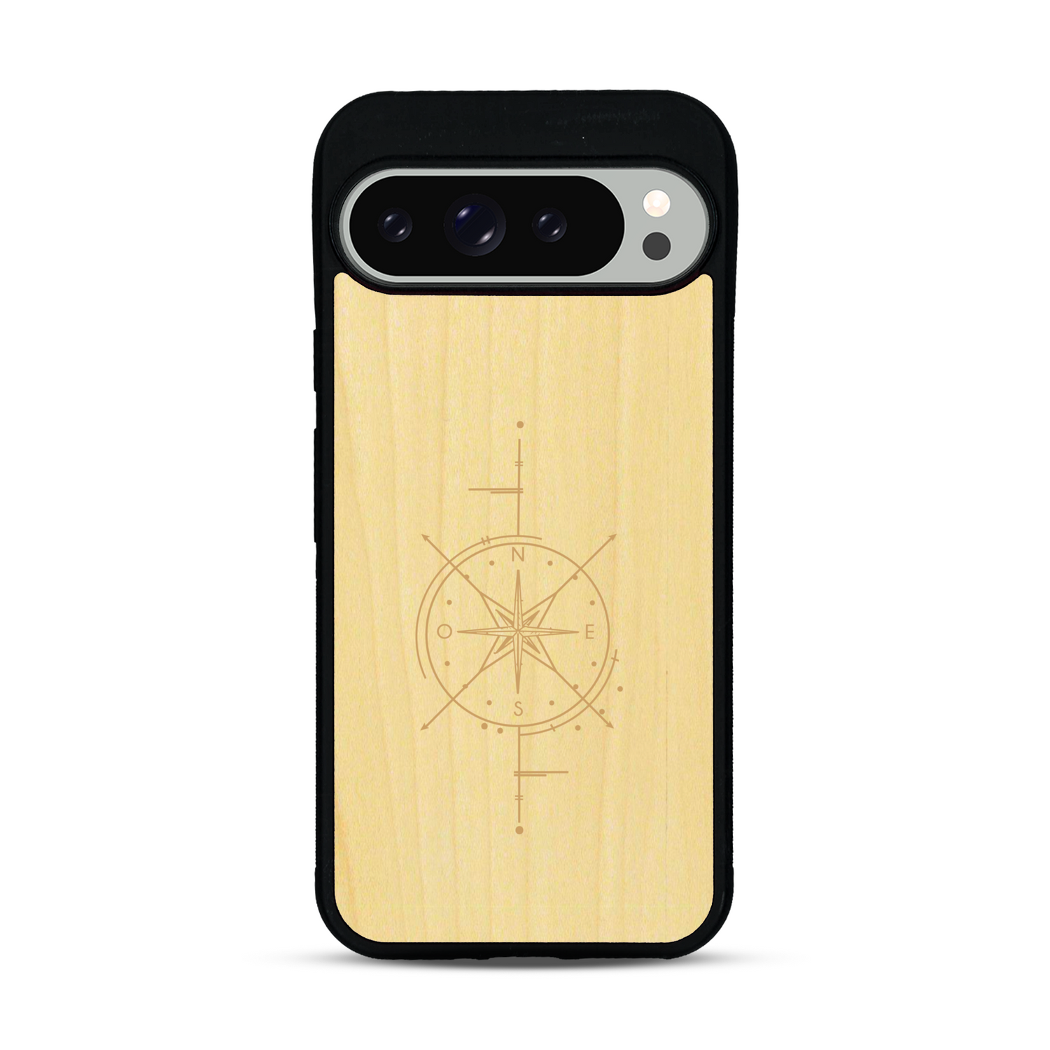 Coque de protection en bois véritable fabriquée en France pour  avec une gravure "rose des vents" sur le thème nautique et de l'océan qui s'inspire des boussoles de pirate