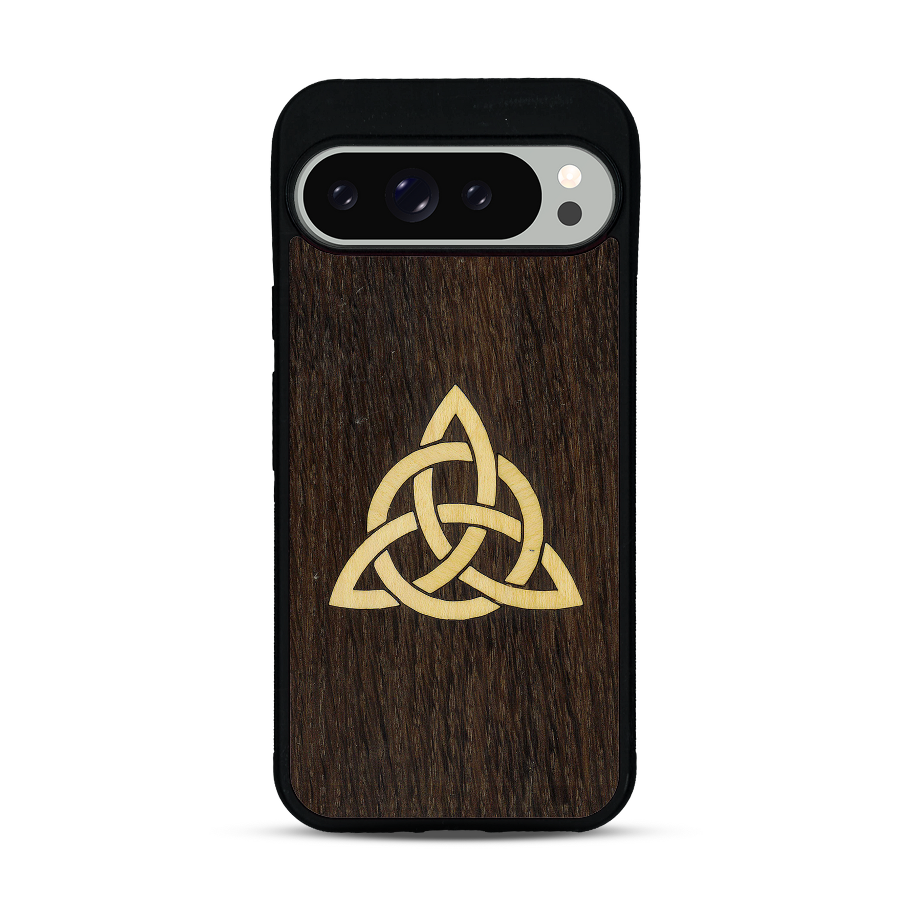 Coque de protection en bois véritable fabriquée en France pour  alliant du chêne fumé et du bambou représentant une triquetra