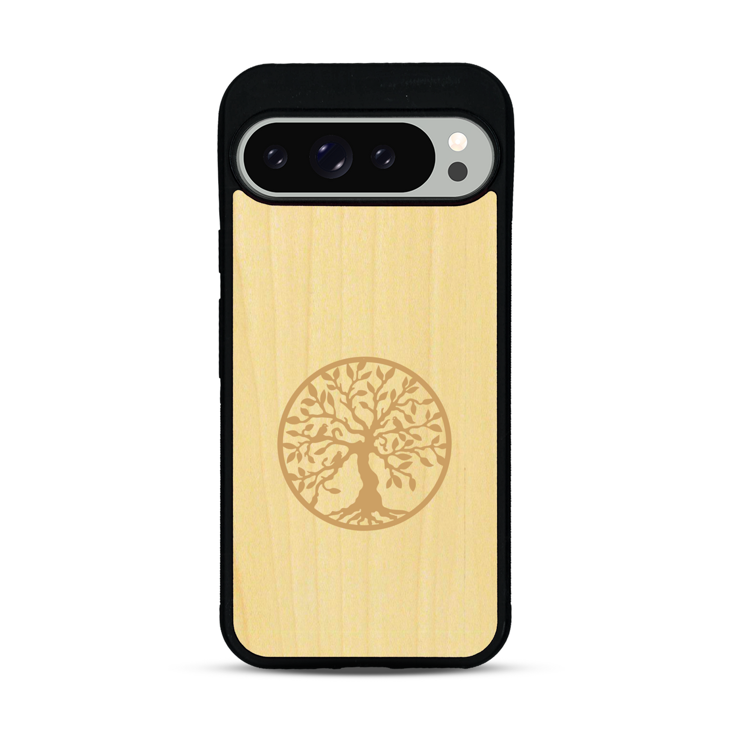Coque de protection en bois véritable fabriquée en France pour  sur le thème de la spiritualité et du yoga avec une gravure zen représentant un arbre de vie