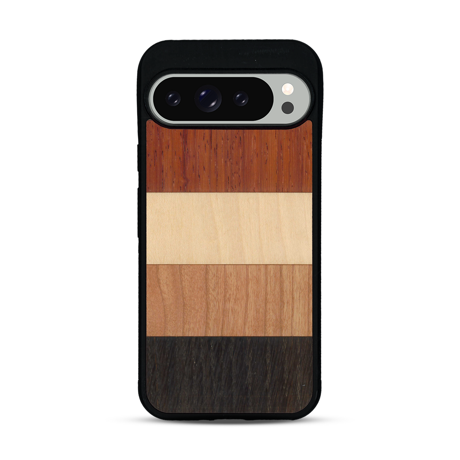 Coque de protection en bois véritable fabriquée en France pour  alliant des bandes horizontales de bambou, merisier, padouk, noyer et chêne fumé