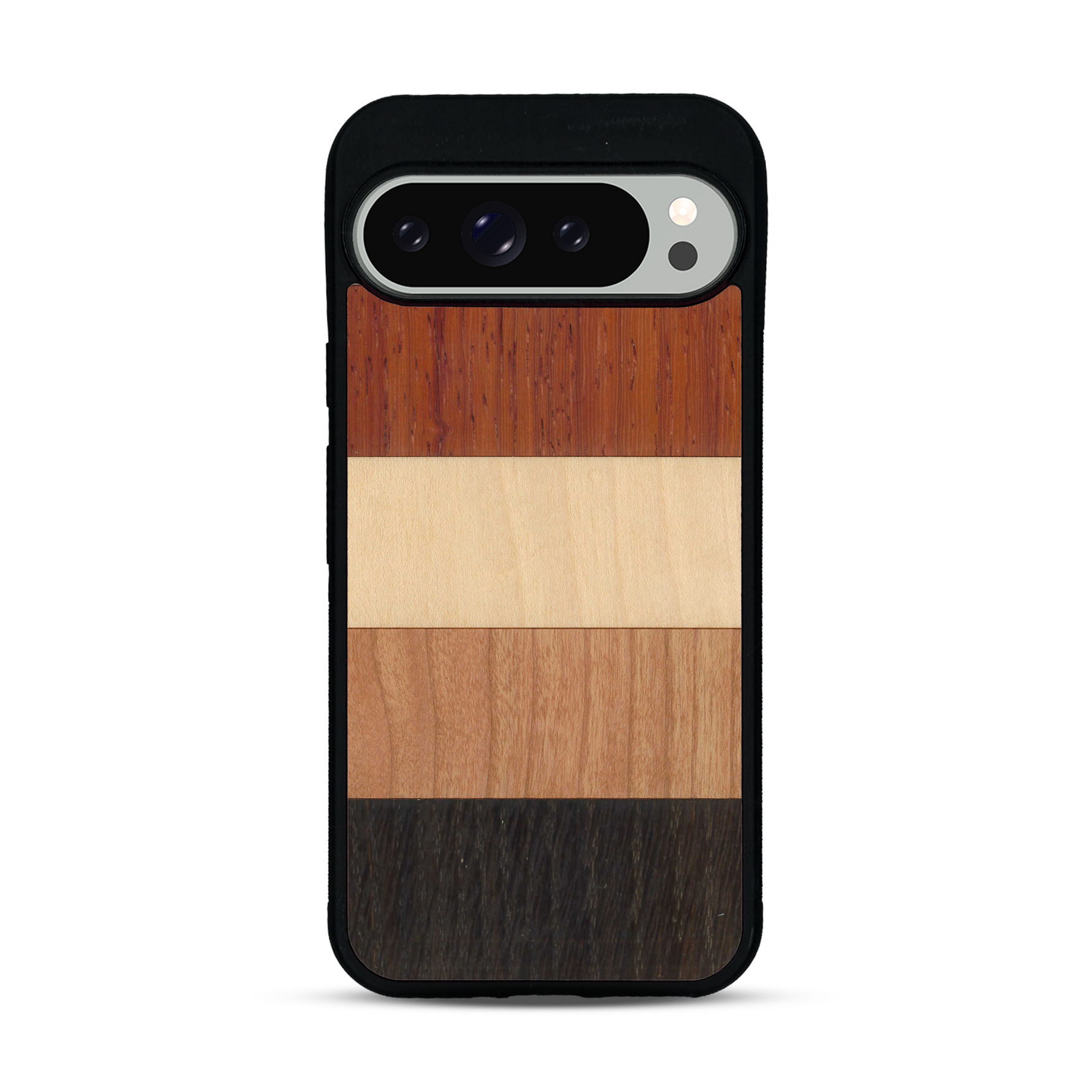 Coque de protection en bois véritable fabriquée en France pour  alliant des bandes horizontales de bambou, merisier, padouk, noyer et chêne fumé
