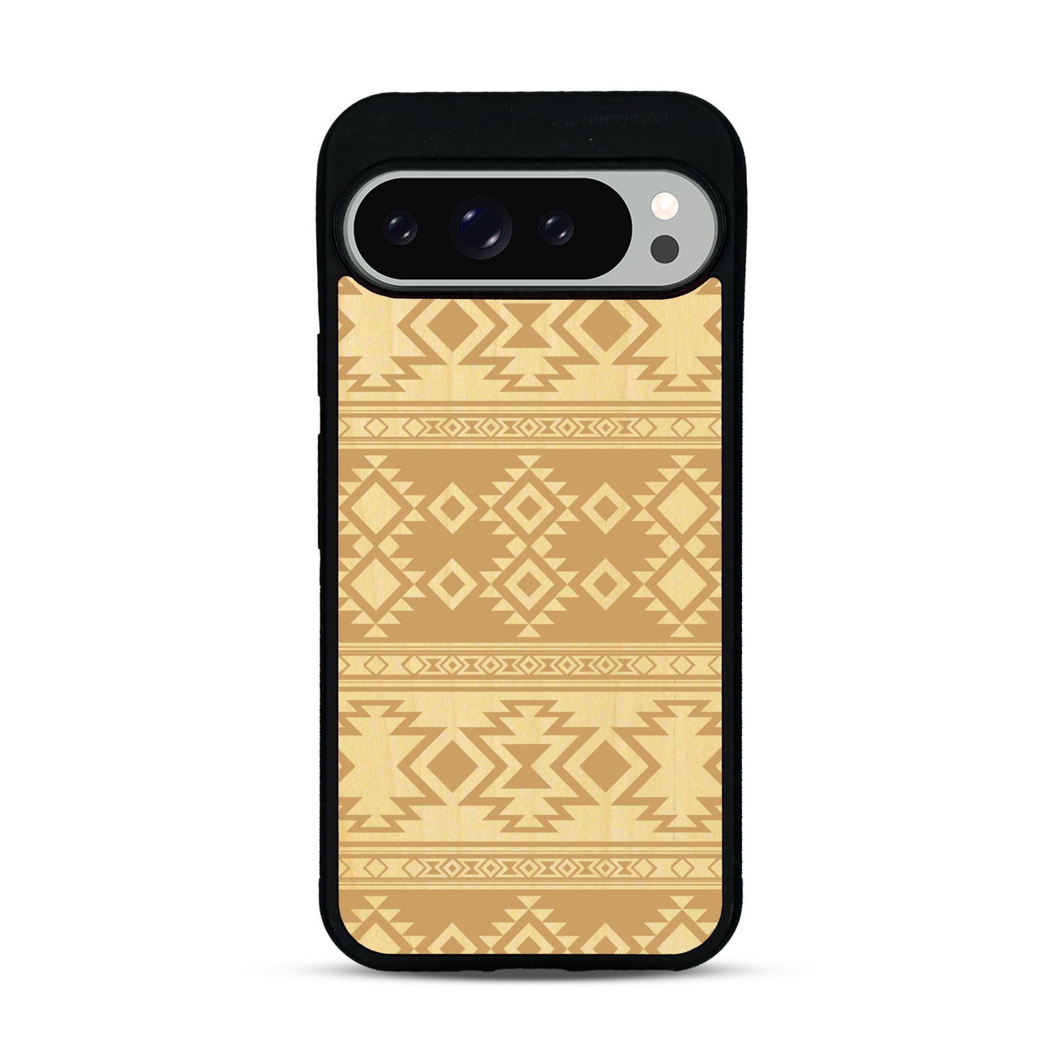 Coque de protection en bois véritable fabriquée en France pour  avec des motifs géométriques s'inspirant des temples aztèques, mayas et incas